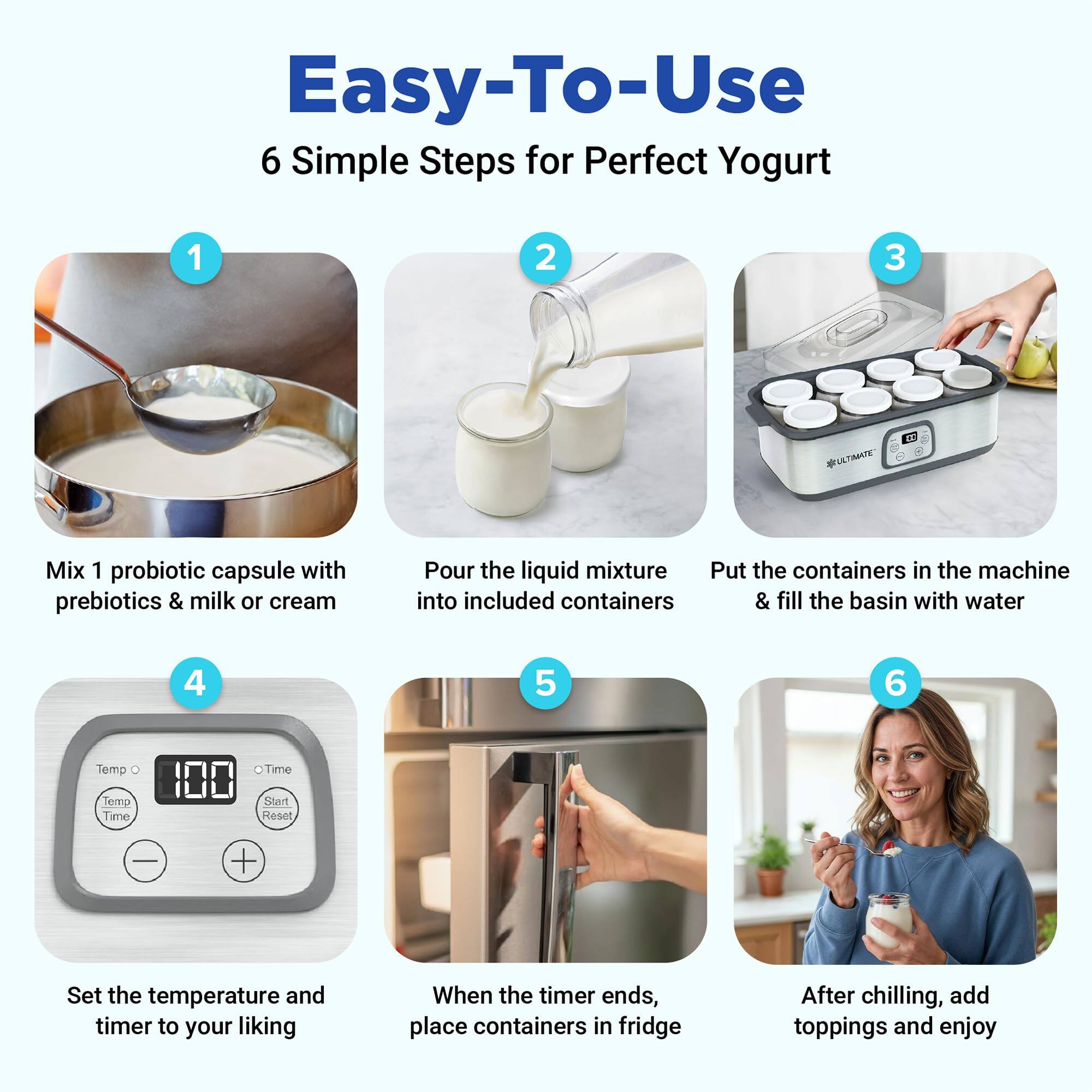 Easy-To-Use  
6 Simple Steps for Perfect Yogurt

1. Mix 1 probiotic capsule with prebiotics & milk or cream
2. Pour the liquid mixture into included containers
3. Put the containers in the machine & fill the basin with water
4. Set the temperature and timer to your liking
5. When the timer ends, place containers in fridge
6. After chilling, add toppings and enjoy