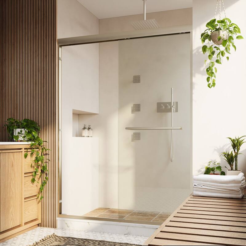 Left. WELLFOR - 50-54 in W x 72 in H Framed Shower Door with Double Sliding & Stainless Steel Towel Bar Handle, 1/4" Tempered Glass - Brushed Nickel.