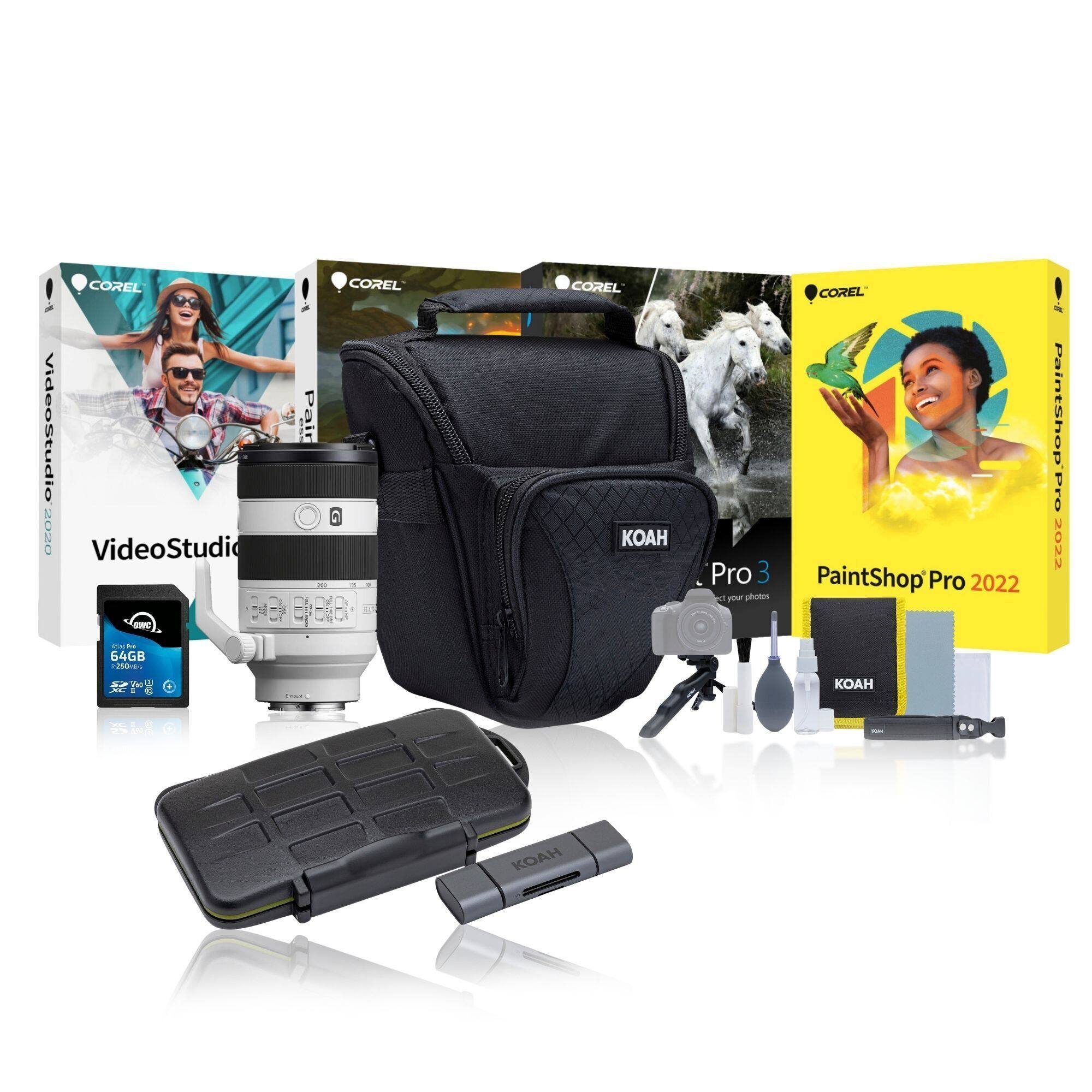 COREL VideoStudio Pro 2022
COREL PaintShop Pro 2022
KOAH Pro 3
64GB SD Card
KOAH Camera Bag
KOAH Accessories (including cleaning kit, lens hood, etc.)