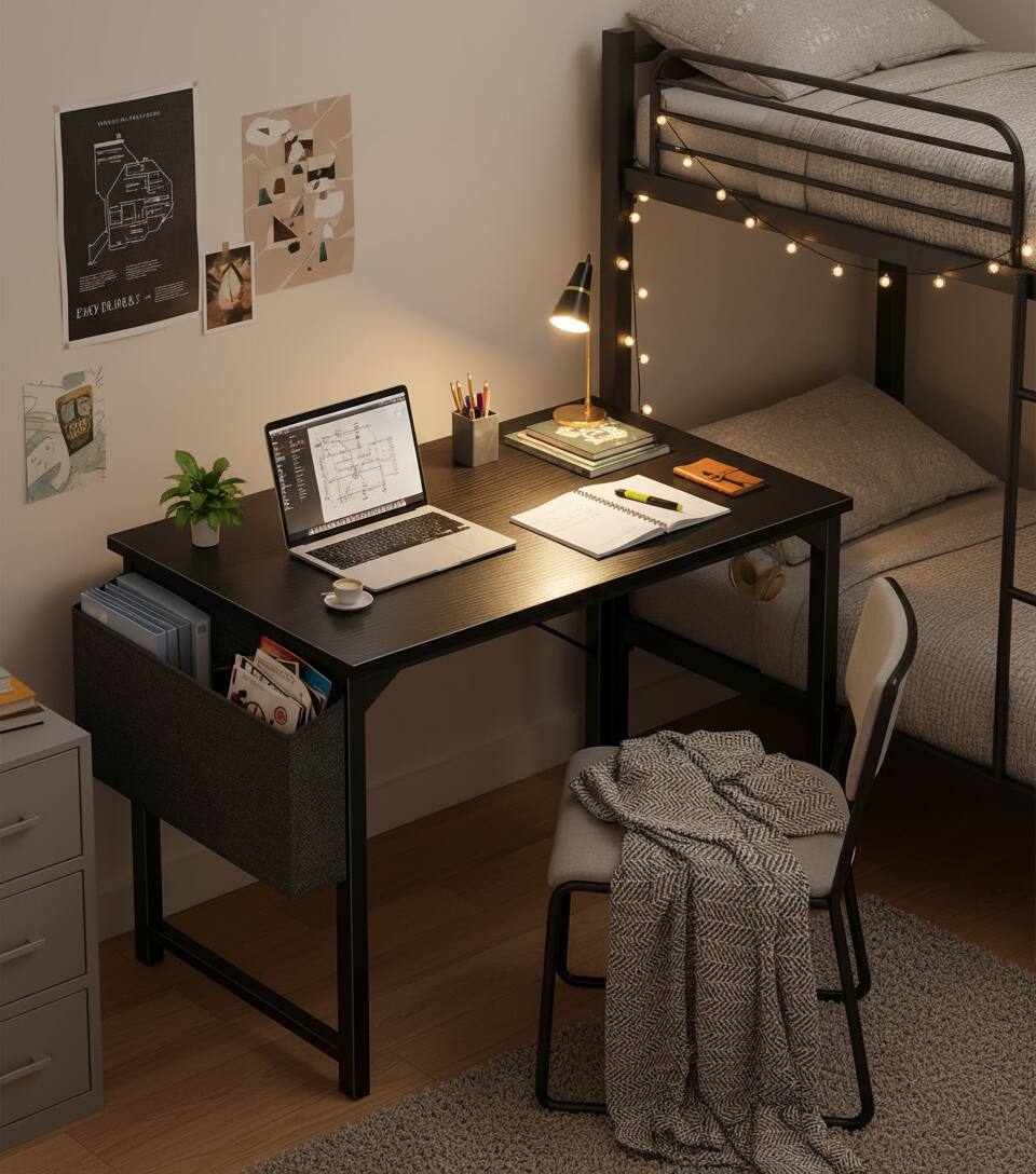 Sure, here is the corrected and grouped text from the image:

---

**Top Left Poster:**
- "EACH OF US"

**Top Right Poster:**
- (No discernible text)

**Bottom Left Poster:**
- (No discernible text)

**Laptop Screen:**
- (No discernible text)

**Desk:**
- (No discernible text)

**Other Items:**
- (No discernible text)

---

If you need more specific details or corrections, please let me know!