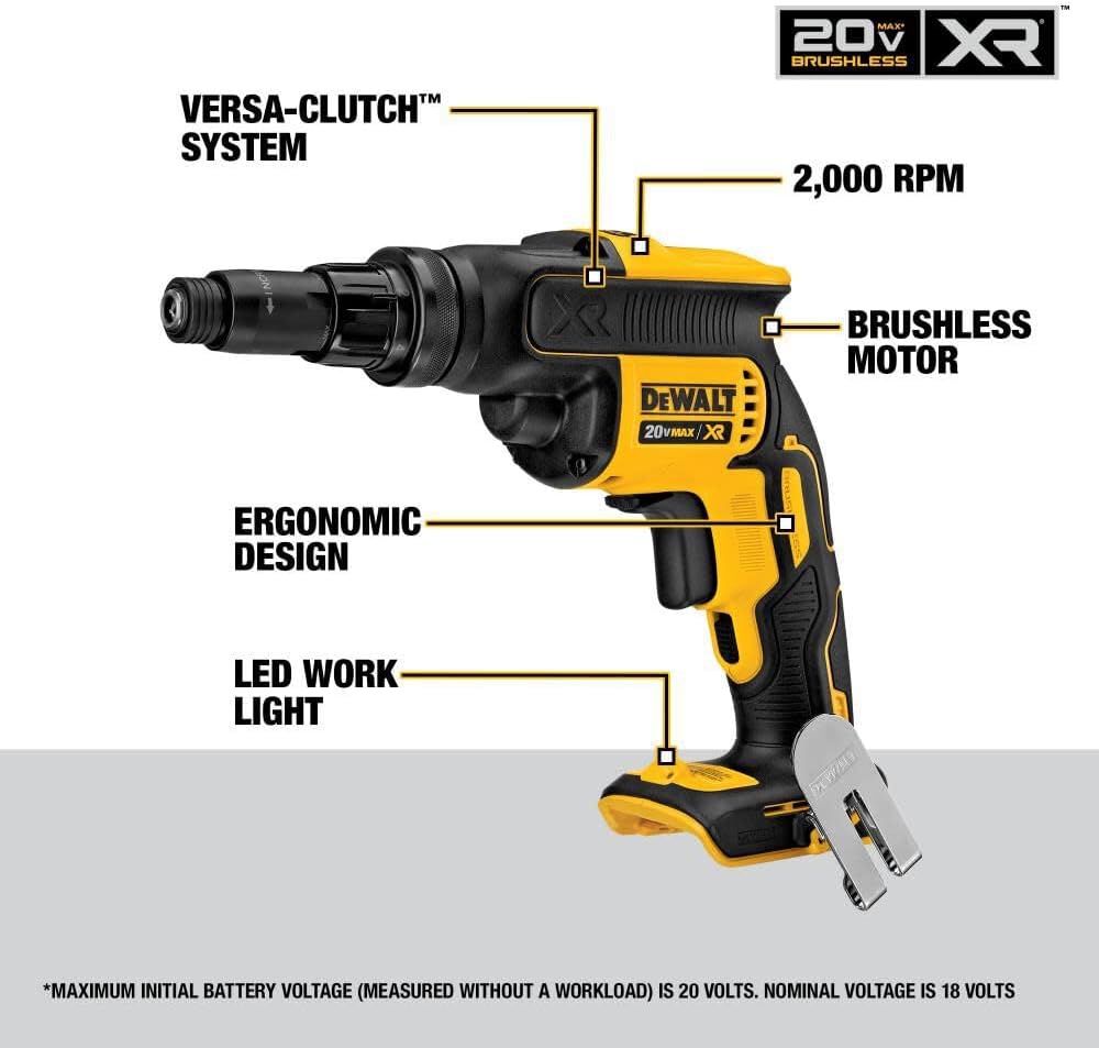 VERSA-CLUTCH™ SYSTEM  
2,000 RPM  
BRUSHLESS MOTOR  
ERGONOMIC DESIGN  
LED WORK LIGHT  

*MAXIMUM INITIAL BATTERY VOLTAGE (MEASURED WITHOUT A WORKLOAD) IS 20 VOLTS. NOMINAL VOLTAGE IS 18 VOLTS.