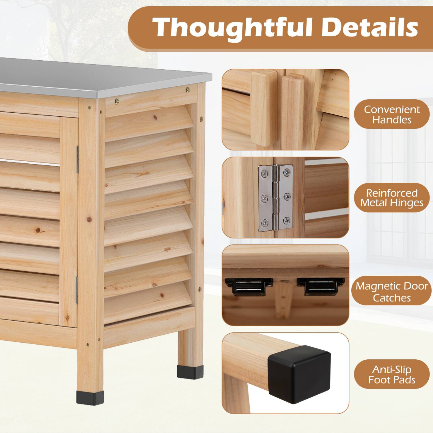Thoughtful Details
Convenient Handles
Reinforced Metal Hinges
Magnetic Door Catches
Anti-Slip Foot Pads
