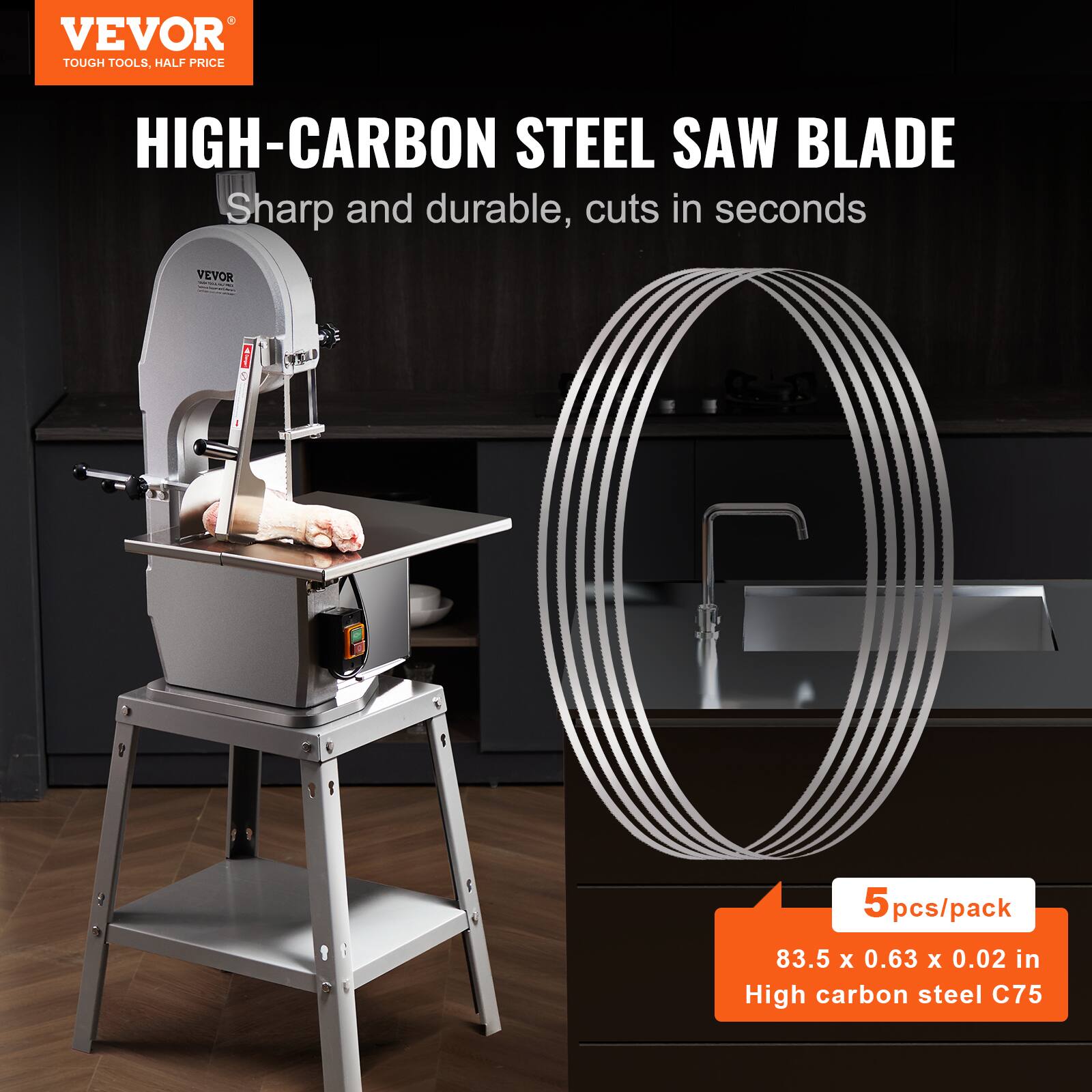 VEVOR  
TOUGH TOOLS, HALF PRICE  

HIGH-CARBON STEEL SAW BLADE  
Sharp and durable, cuts in seconds  

5 pcs/pack  
83.5 x 0.63 x 0.02 in  
High carbon steel C75