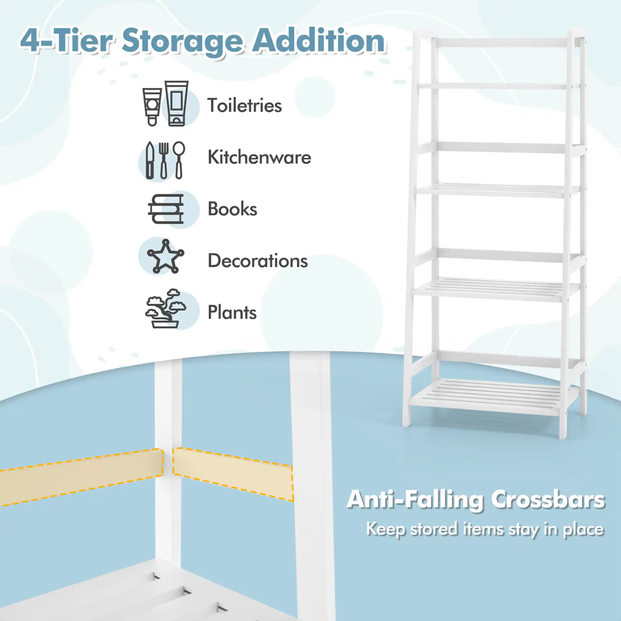 The text on the image is grouped and corrected as follows:

4-Tier Storage Addition:
- Toiletries
- Kitchenware
- Books
- Decorations
- Plants
- Anti-Falling Crossbars
- Keep stored items in place