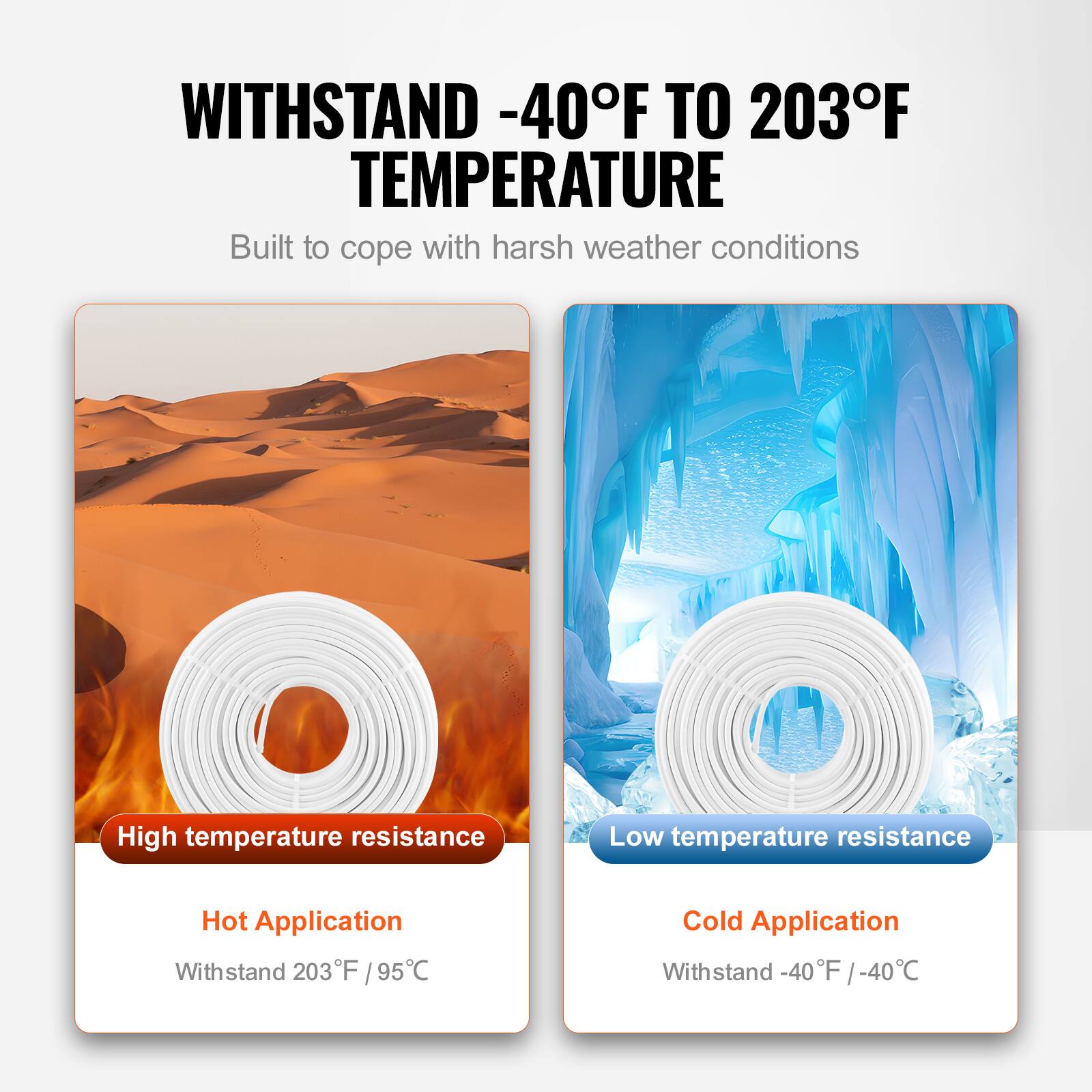 WITHSTAND -40°F TO 203°F TEMPERATURE

Built to cope with harsh weather conditions

High temperature resistance  
Hot Application  
Withstand 203°F / 95°C

Low temperature resistance  
Cold Application  
Withstand -40°F / -40°C