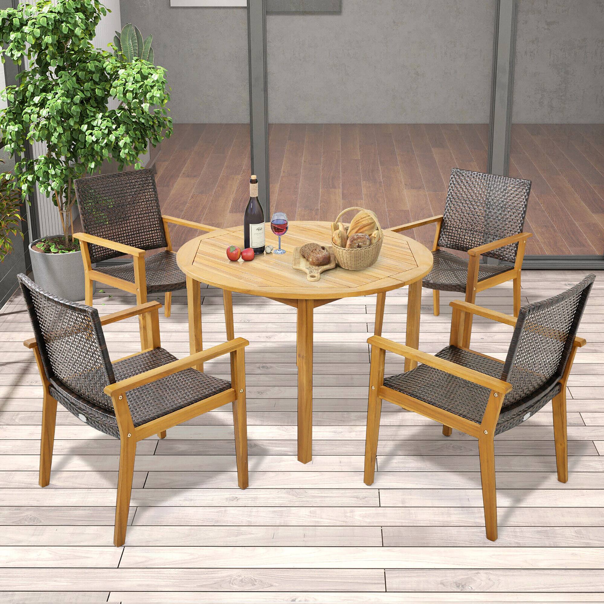 Alt View 3. Gymax - Gymax 5 PCS Patio Dining Set Round Acacia Wood Table 4 Wicker Armchairs Outdoor Garden - Natural, Mix Brown.