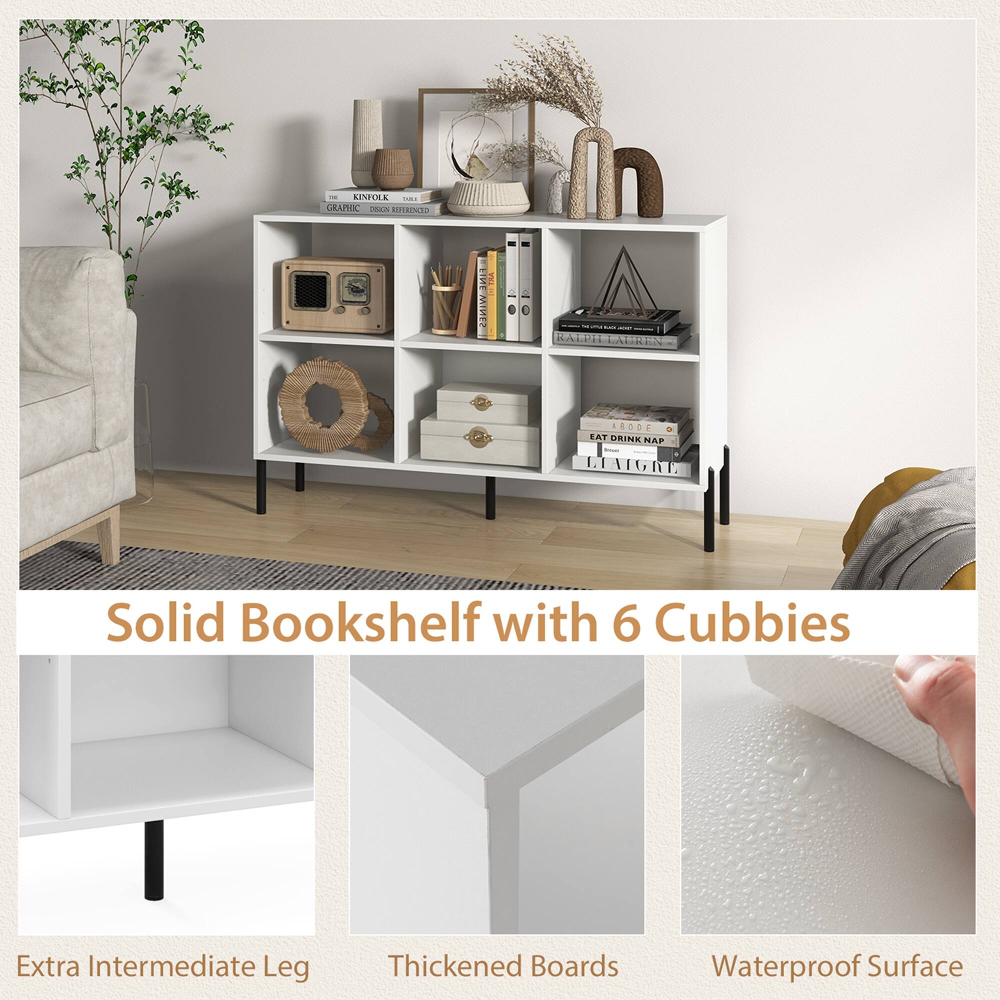 The text on the image is grouped and corrected as follows:
"Solid Bookshelf with 6 Cubbies: Extra Intermediate Leg, Thickened Boards, Waterproof Surface."