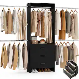 Aheaplus - Closet Organizer System with 3 Wood Drawers & 4 Hanging Rods – Walk-in Wardrobe Storage Rack - Black