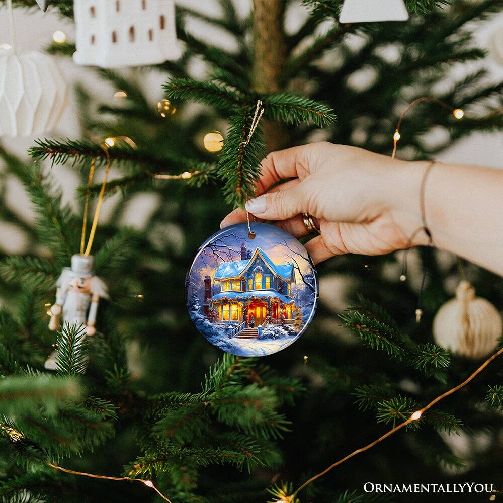 Back. OrnamentallyYou - Glowing Winter Night Painting Ceramic Ornament Warm and Inviting Christmas Tree Decor Circle - Multi-colored.