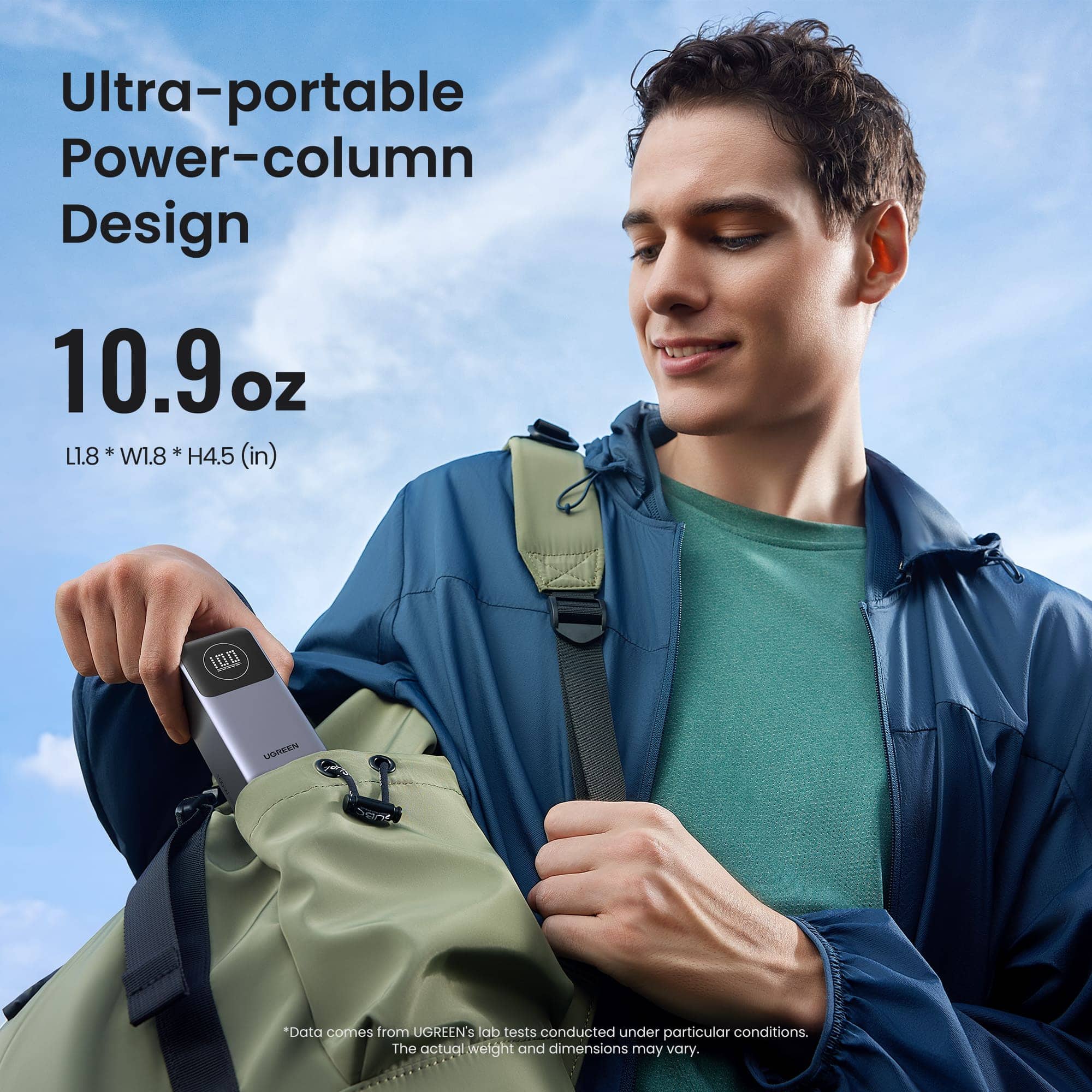 Ultra-portable Power-column Design 10.9oz OZ L1.8 * W1.8 + H4.5 (in) 100 USTWEN 5ort *Data comes from UGREEN's lab tests conducted under particular conditions. The actual weight and dimensions may vary.