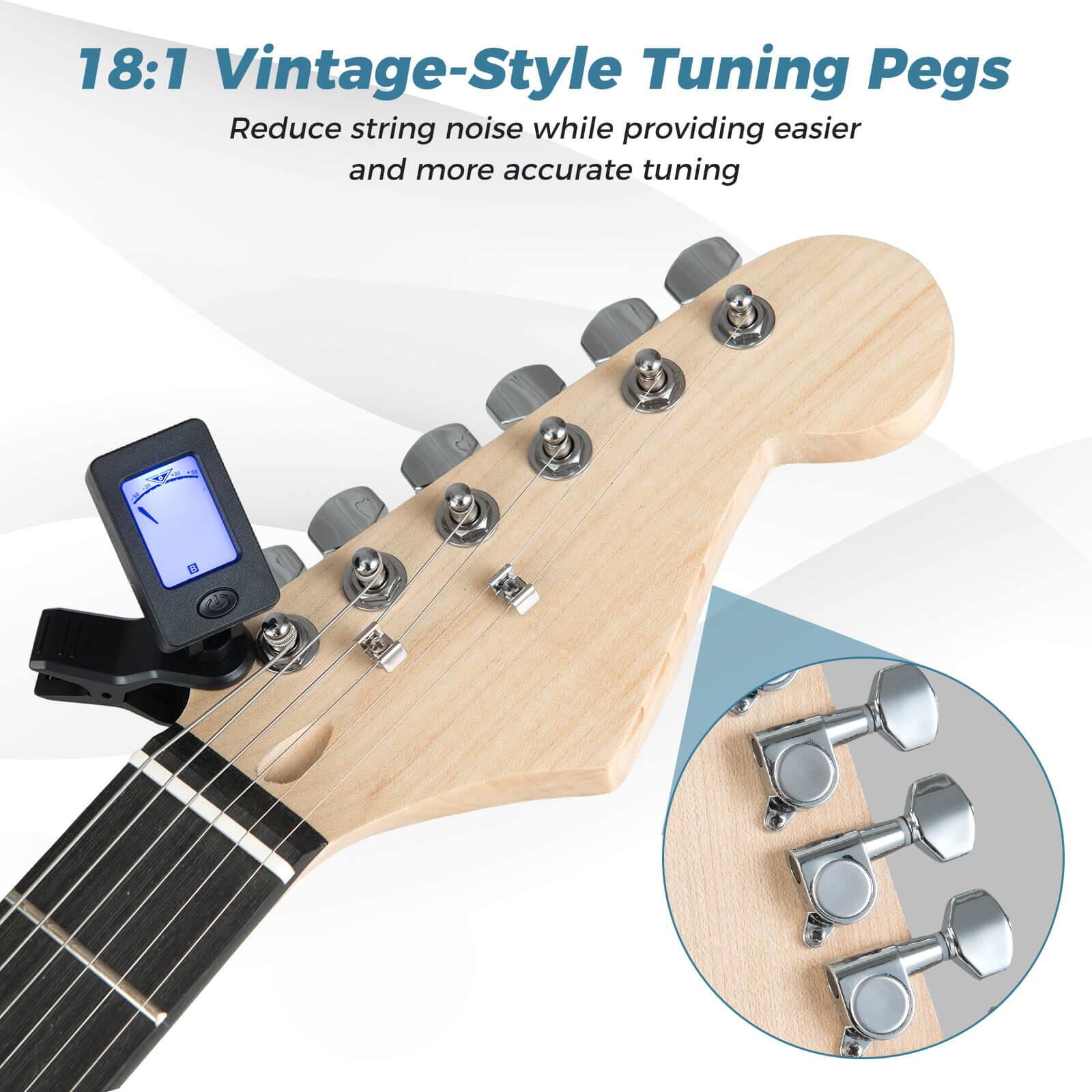 18:1 Vintage-Style Tuning Pegs  
Reduce string noise while providing easier and more accurate tuning