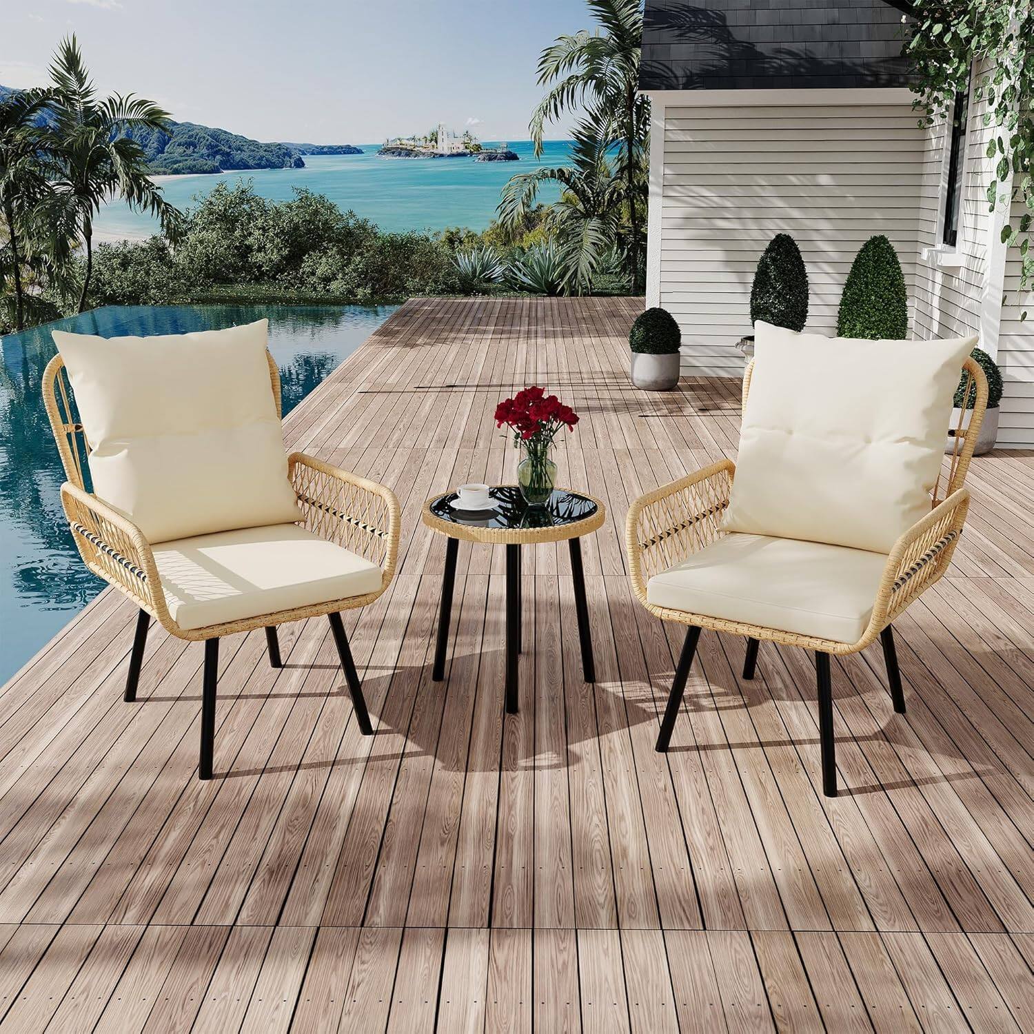 Alt View 4. Homhougo - 3 Piece Outdoor Wicker Patio Bistro Set, Rattan Conversation Set with Glass Top Coffee Table - Beige.