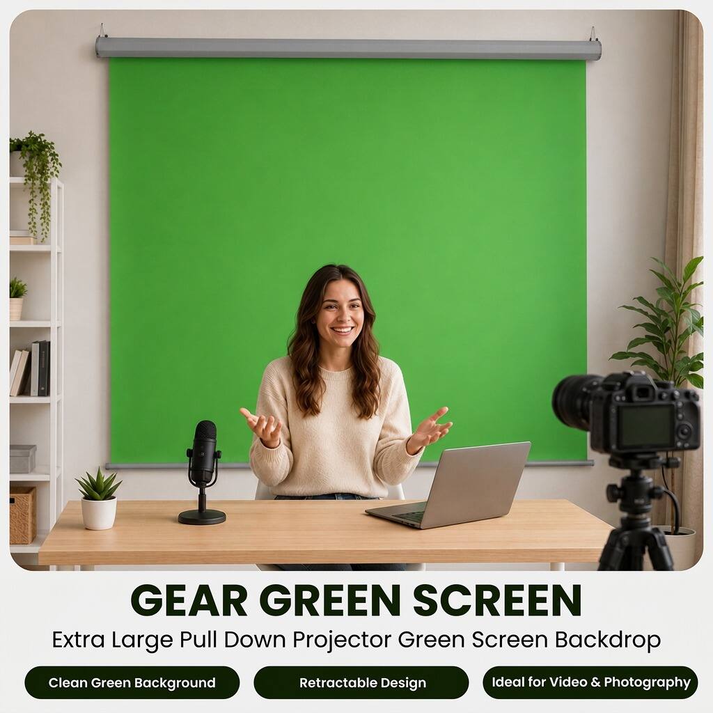 GEAR GREEN SCREEN  
Extra Large Pull Down Projector Green Screen Backdrop  

Clean Green Background  
Retractable Design  
Ideal for Video & Photography