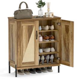 Costway - 5-Tier Farmhouse Shoe Cabinet with Woven Rattan Doors, Removable Shelves for Closet - Natural