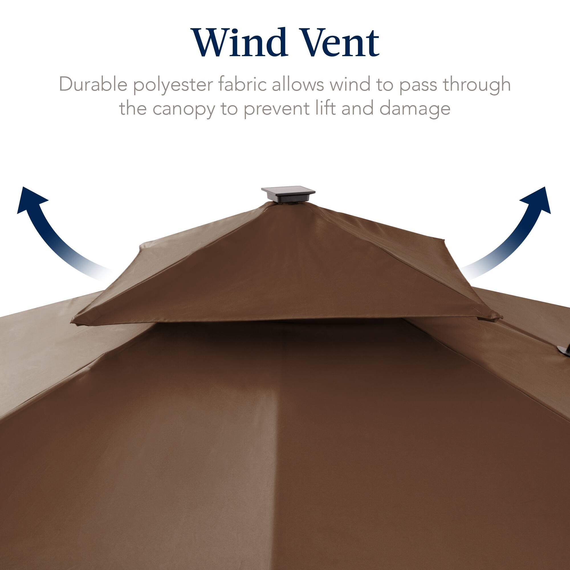 Wind Vent  
Durable polyester fabric allows wind to pass through the canopy to prevent lift and damage