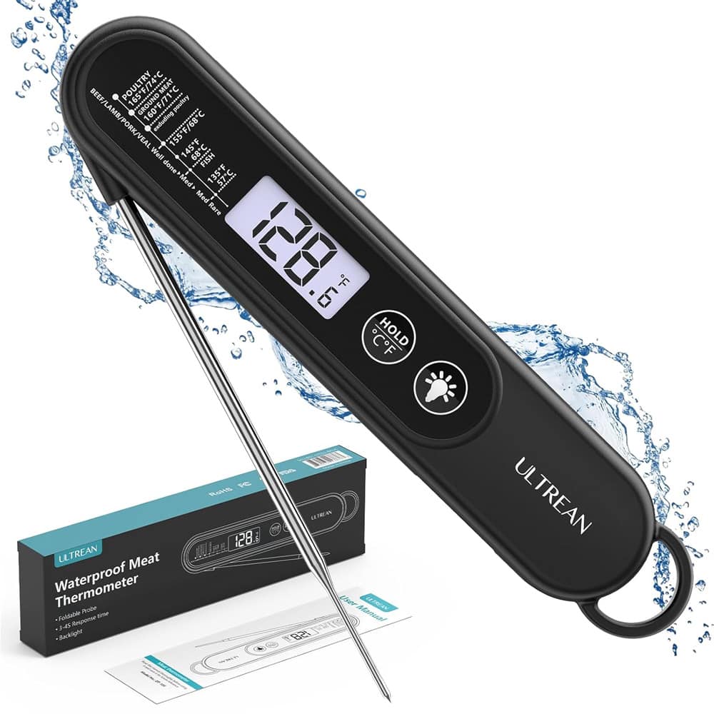 Sure, here is the corrected and grouped text:

---

**ULTREAN Waterproof Meat Thermometer**

- Foldable Probe
- 3-Second Response Time
- Backlight

**Temperature Guide:**

- BEEF/LAMB/PORK/VEAL: 160°F/71°C
- BEEF/LAMB/PORK/VEAL (Well done): 155°F/68°C
- VEAL (Well done): 145°F/68°C
- FISH: 135°F/57°C
- Poultry: 165°F/74°C
- Pork: 160°F/71°C
- Lamb: 160°F/71°C
- Ground Beef: 160°F/71°C
- Ground Turkey: 165°F/74°C
- Ground Chicken: 165°F/74°C
- Ground Lamb: 160°F/71°C
- Ground Pork: 160°F/71°C
- Ground Veal: 160°F/71°C
- Ground Turkey: 165°F/