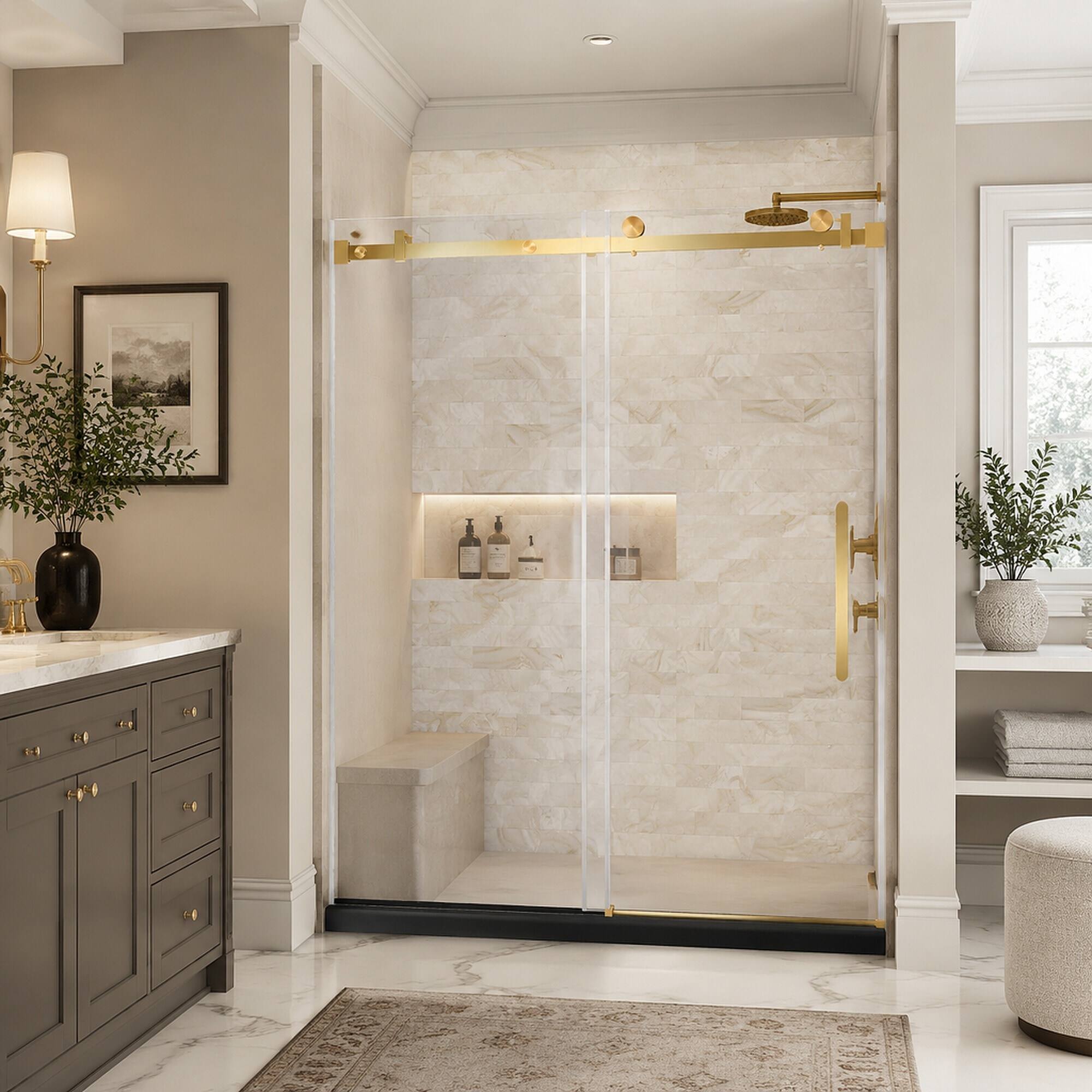 Angle. RYHNUYNE - 56-60 In W X 76 In H Frameless Single Sliding Shower Door, 1/4 In Clear Tempered Glass With Handle Brushed Gold Finish - Brushed Gold.