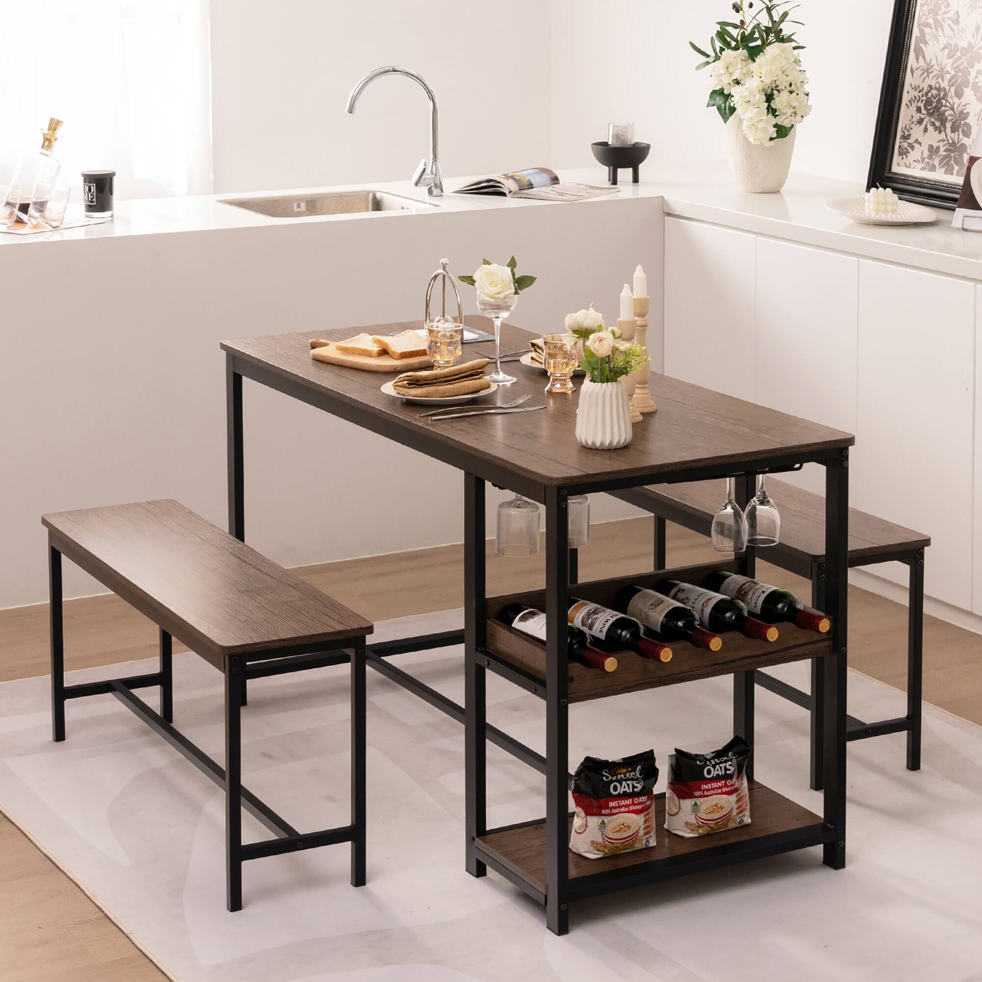 Gymax - 3PCS Rustic Kitchen Dining Set Includes Storage Rack w/ Rectangular Table & 2 Benches - Coffee, Black