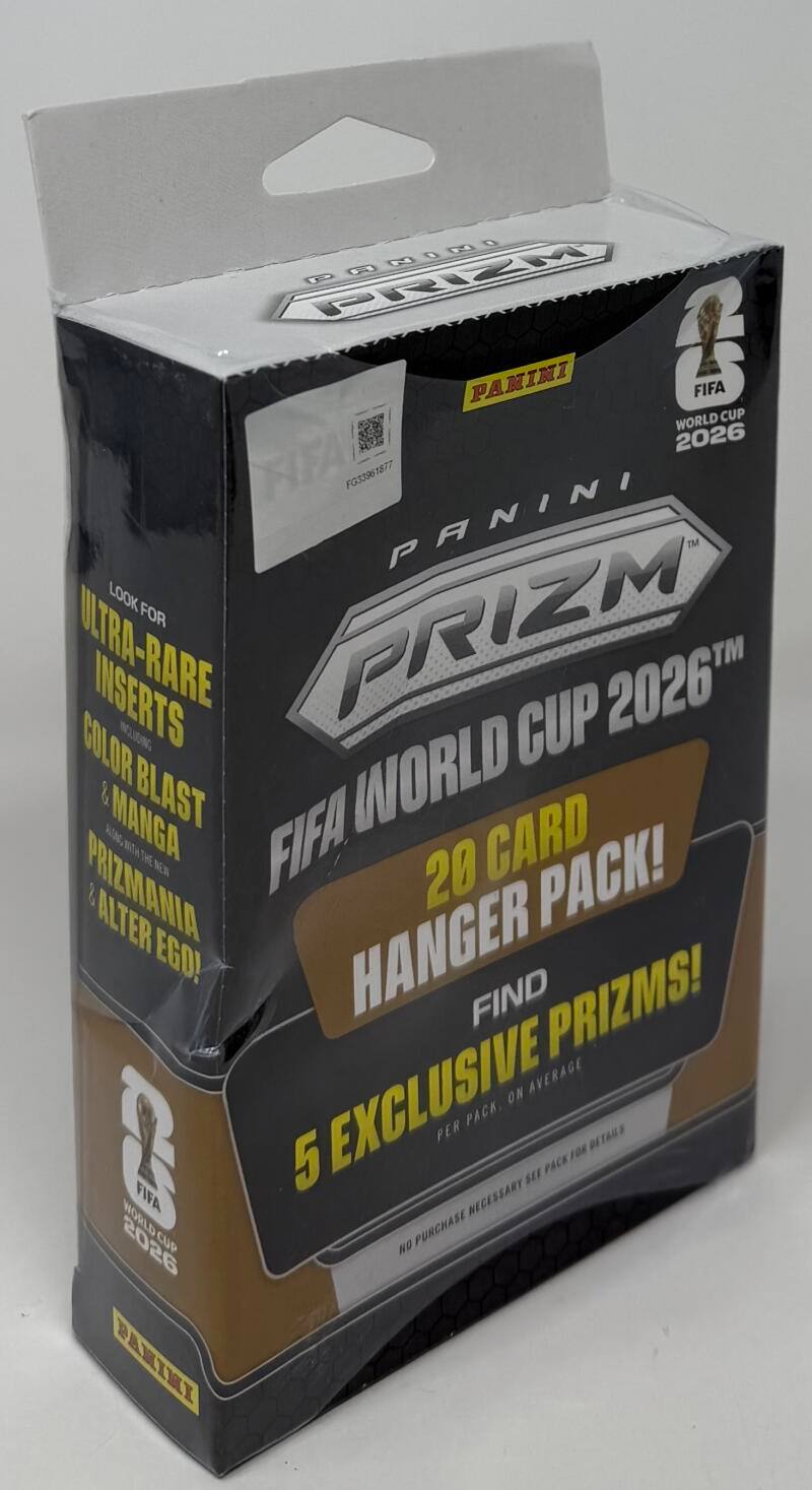 PANINI PRIZM  
FIFA WORLD CUP 2026™  
20 CARD HANGER PACK!  
LOOK FOR ULTRA-RARE INSERTS  
COLOR BLAST  
MANGA  
PRIZMANIA  
ALTER EGO!  
FIND PRIZMS!  
5 EXCLUSIVE PRIZMS! PER PACK, ON AVERAGE  
NO PANINI NECESSARY FOR PACKS FROM HANGERS