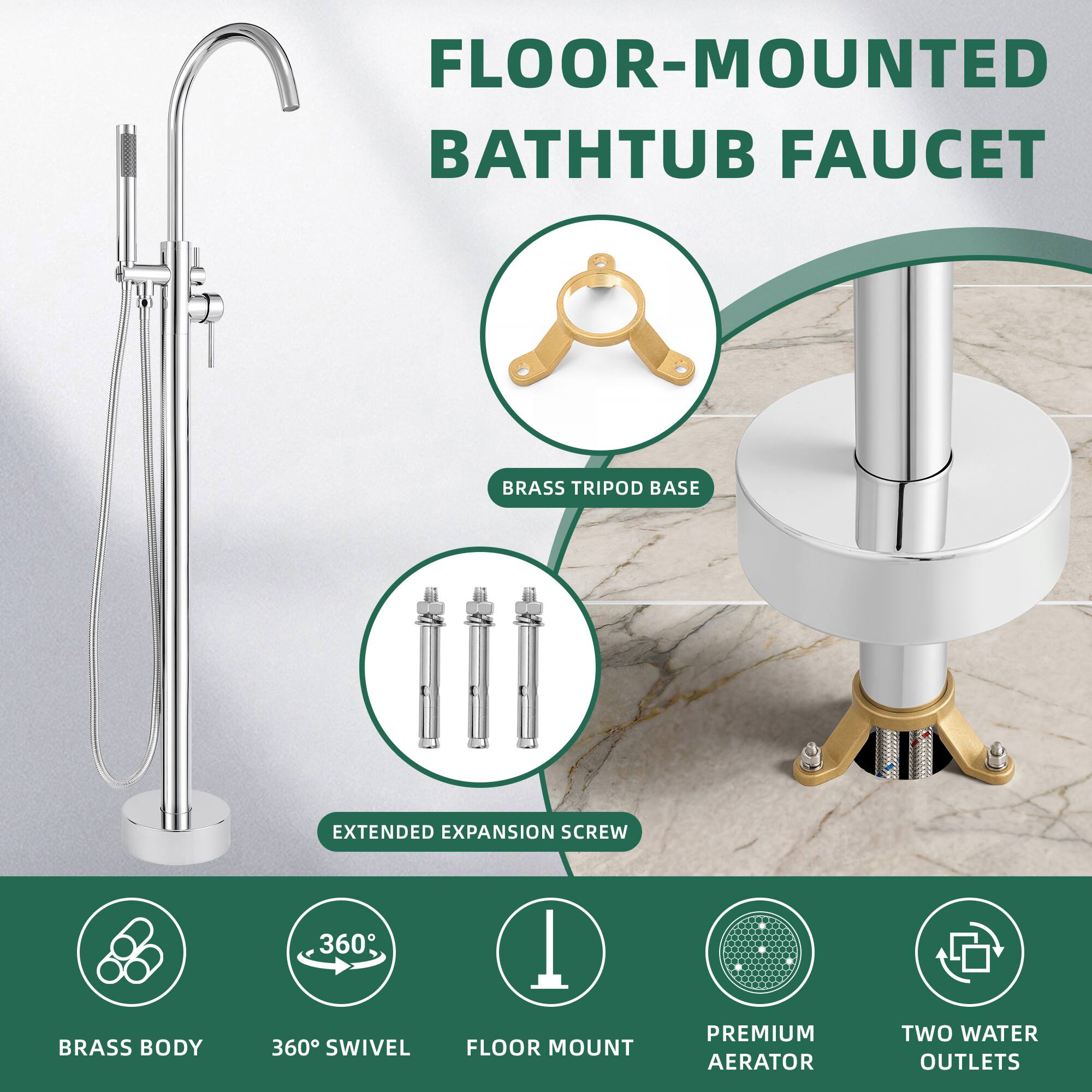 FLOOR-MOUNTED BATHUB FAUCET  
BRASS TRIPOD BASE  
EXTENDED EXPANSION SCREW  
BRASS BODY  
360° SWIVEL  
FLOOR MOUNT  
PREMIUM AERATOR  
TWO WATER OUTLETS