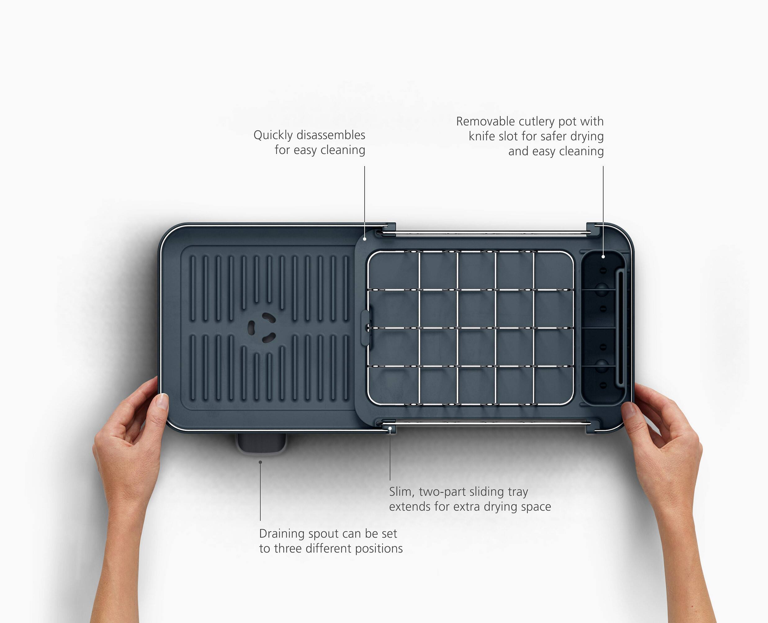 - Quickly disassembles for easy cleaning
- Removable cutlery pot with knife slot for safer drying and easy cleaning
- Slim, two-part sliding tray extends for extra drying space
- Draining spout can be set to three different positions