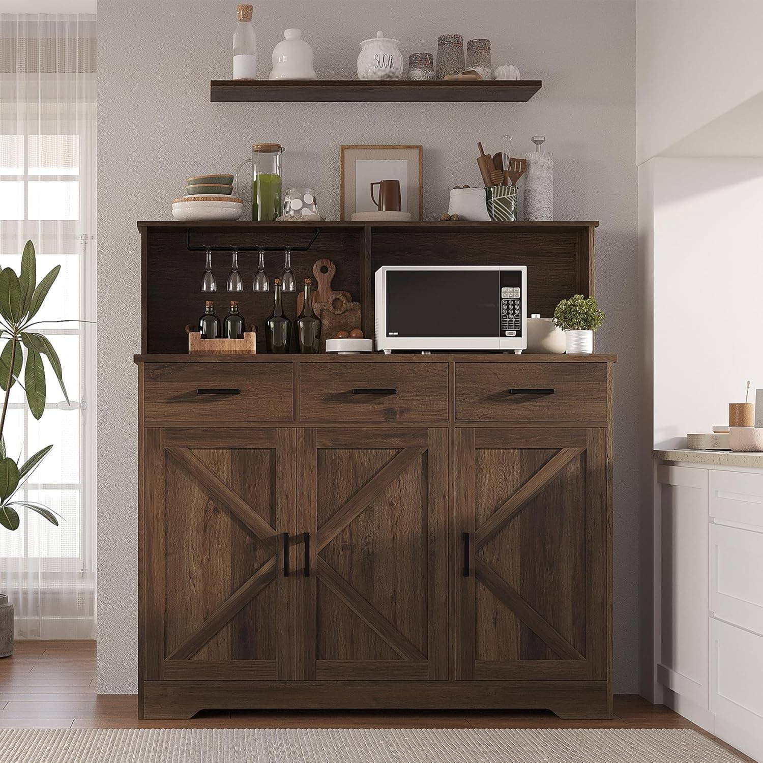 Jojoka - Farmhouse Sideboard Buffet with Microwave Stand,Varied Storage with Drawers - Brown