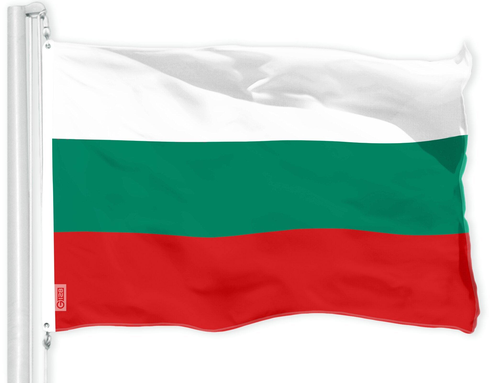 Front. G128 - Bulgaria Flag 3 ft x 5 ft — 150D Polyester, Brass Grommets, Indoor/Outdoor. - Assorted Colors.