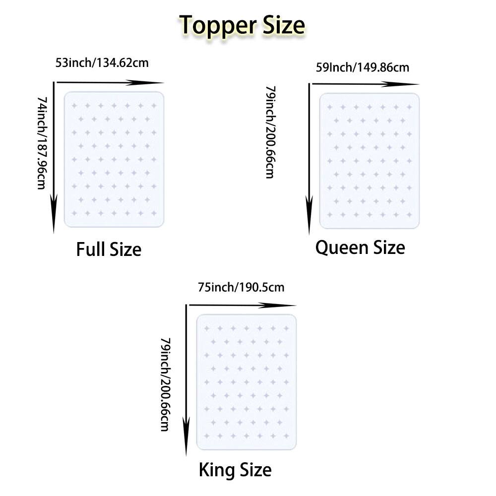Topper Size

Full Size  
53inch/134.62cm  
74inch/187.96cm  

Queen Size  
59inch/149.86cm  
79inch/200.66cm  

King Size  
75inch/190.5cm  
79inch/200.66cm