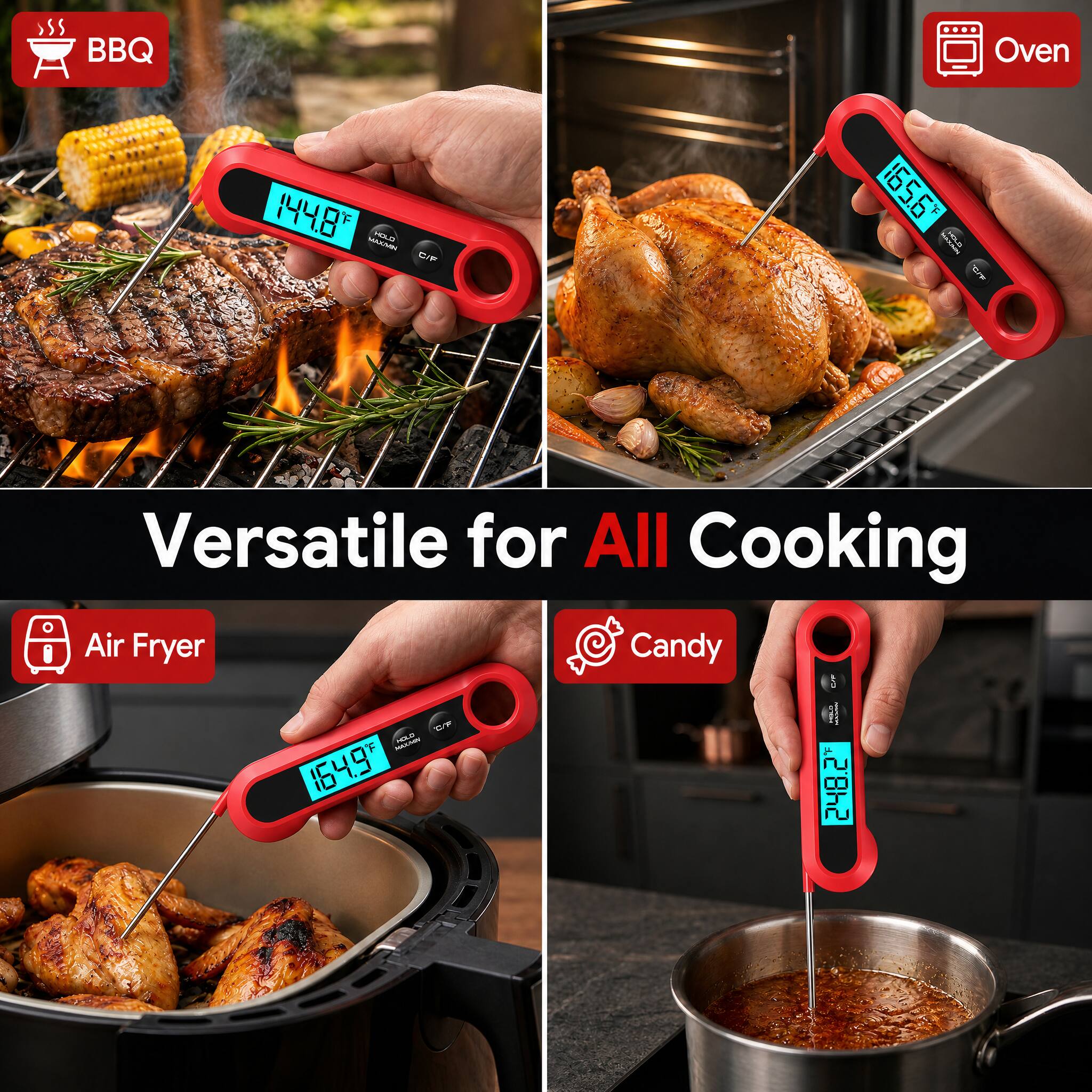 BBQ  
Oven  
144.8°F  
9'591 18 CIA  
Versatile for All Cooking  
Air Fryer  
164.9°F  
Candy  
202°F