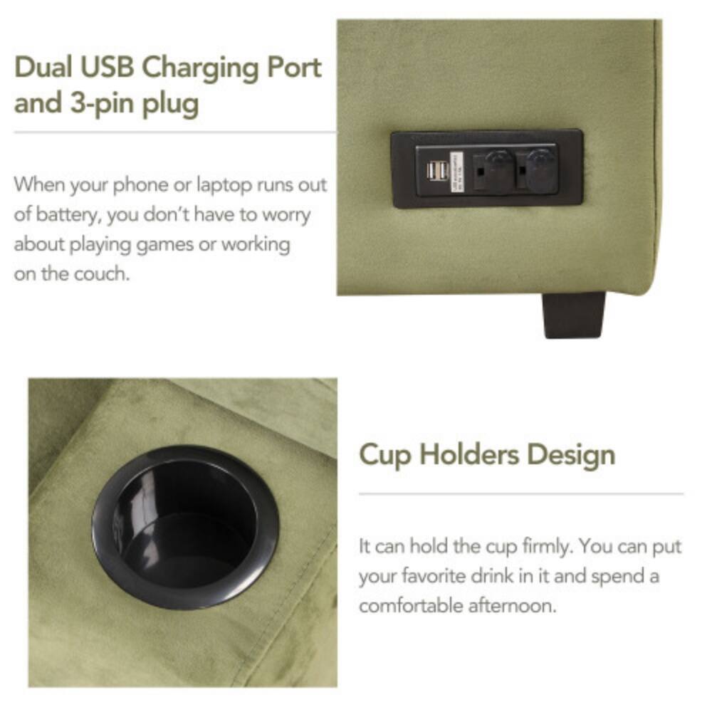 Dual USB Charging Port and 3-pin plug  
When your phone or laptop runs out of battery, you don't have to worry about playing games or working on the couch.  

Cup Holders Design  
It can hold the cup firmly. You can put your favorite drink in it and spend a comfortable afternoon.