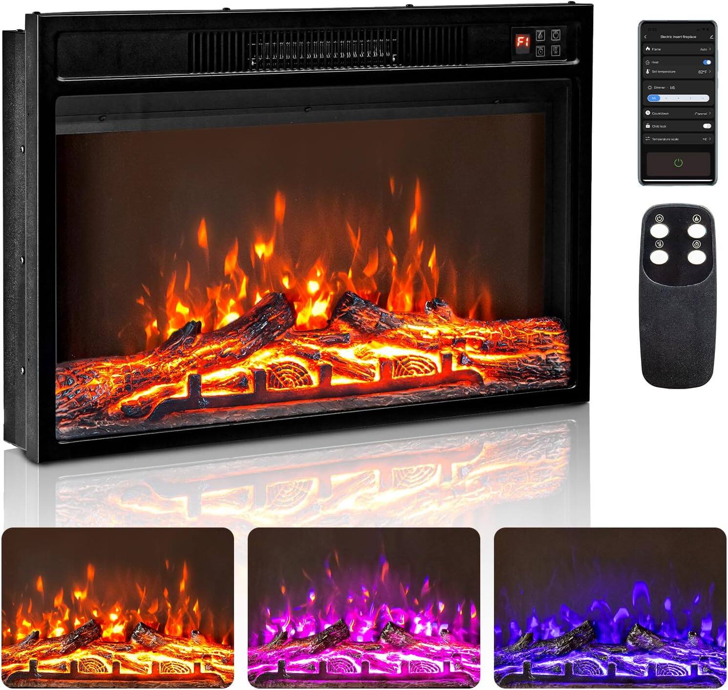 Front. Winado - 26" WiFi Smart Electric Fireplace Insert, 1500W Wall Recessed Fireplace Heater with 3 Color Adjustable Flames - Black.