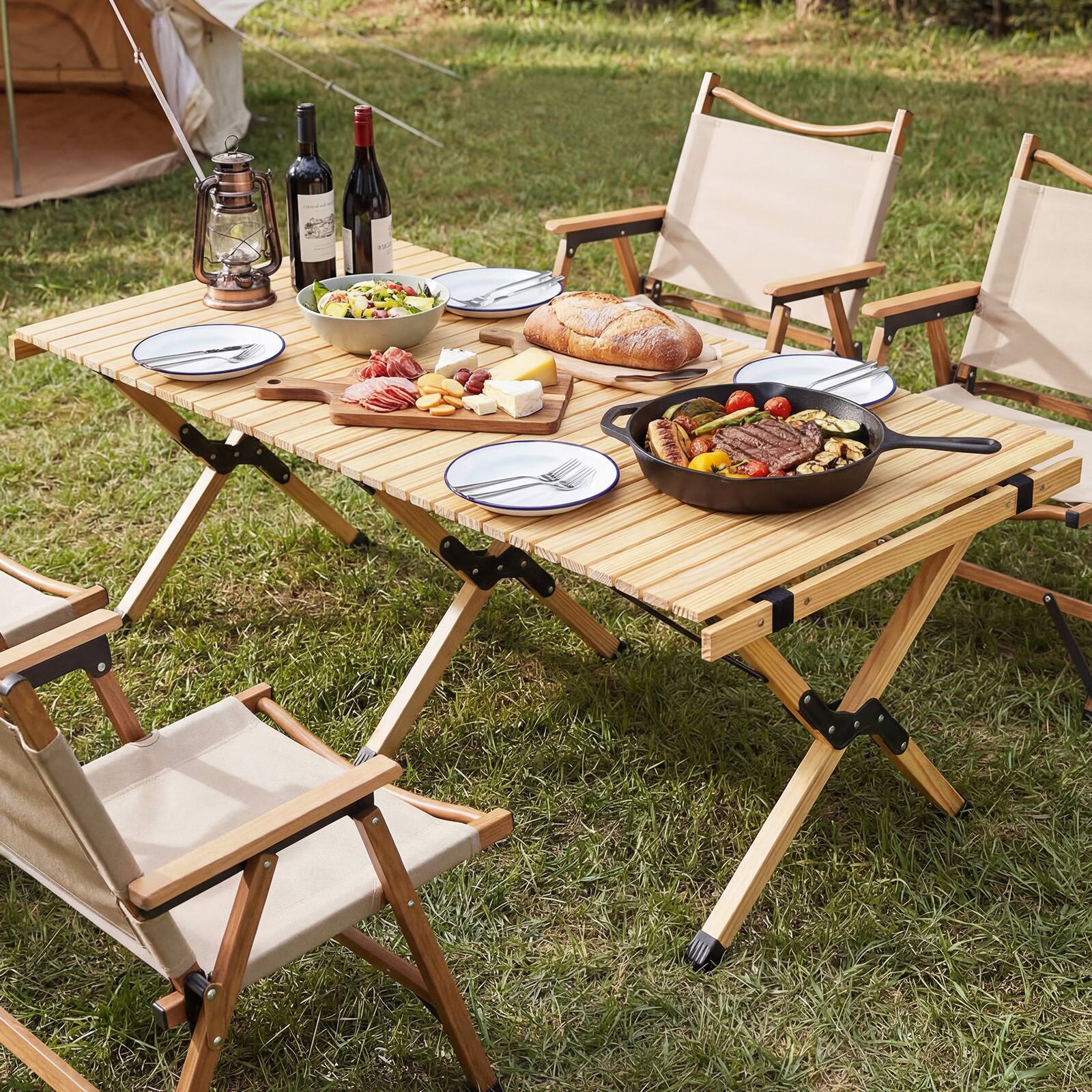 Alt View 3. Costway - Costway Folding Camping Table, Portable Roll-Up Pine Wood Picnic Table with Carry Bag - Natural.