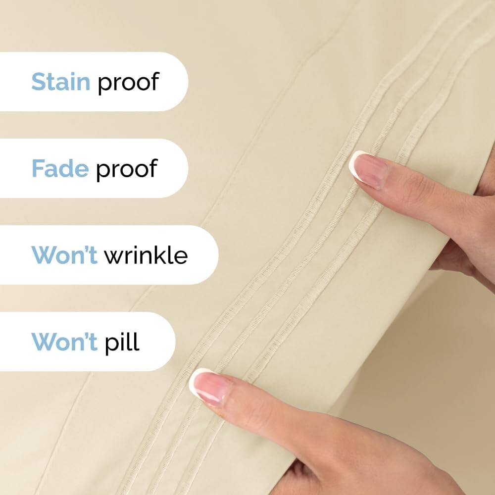 Stain proof  
Fade proof  
Won't wrinkle  
Won't pill