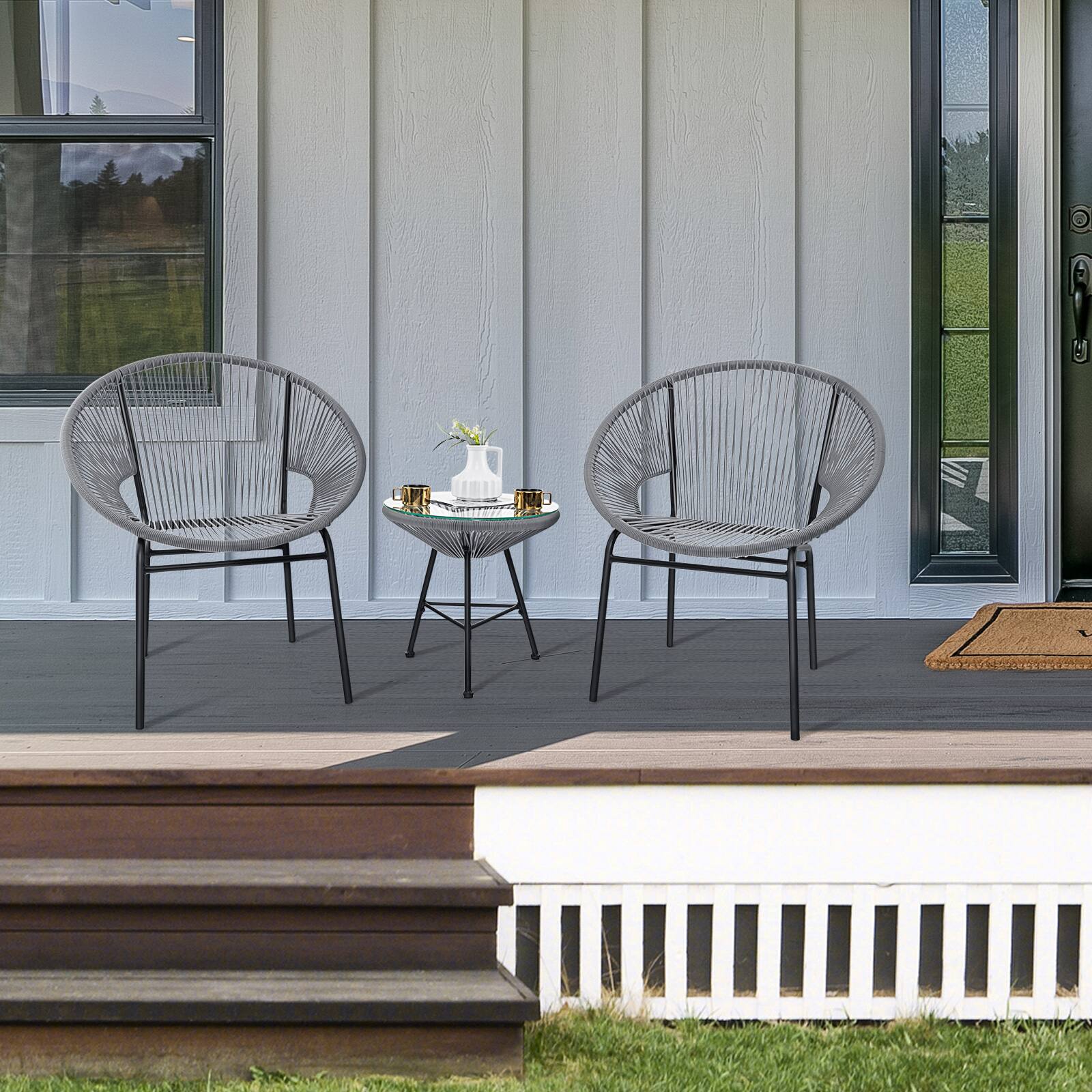 Alt View 4. Gymax - Gymax 3 Pieces Acapulco Chair Set Wicker Conversation Bistro Set w/ Tempered Glass Table - Grey.