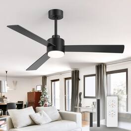 Breezary - 52" Indoor Ceiling Fan, 3 Plywood Blades, 6-Speed DC Motor, Remote & Timer, 5" & 10" Downrods, LED Light/No Light Option - Black (With Light)