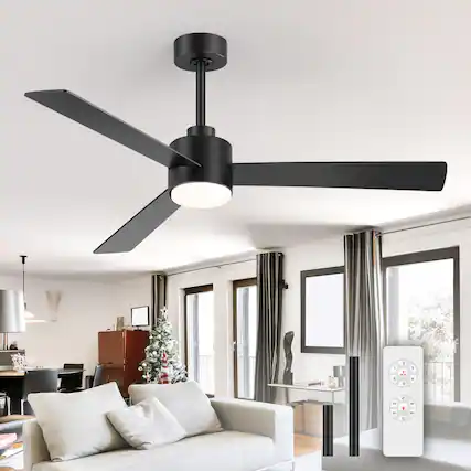 Front. Breezary - 52" Indoor Ceiling Fan, 3 Plywood Blades, 6-Speed DC Motor, Remote & Timer, 5" & 10" Downrods, LED Light/No Light Option - Black (With Light).