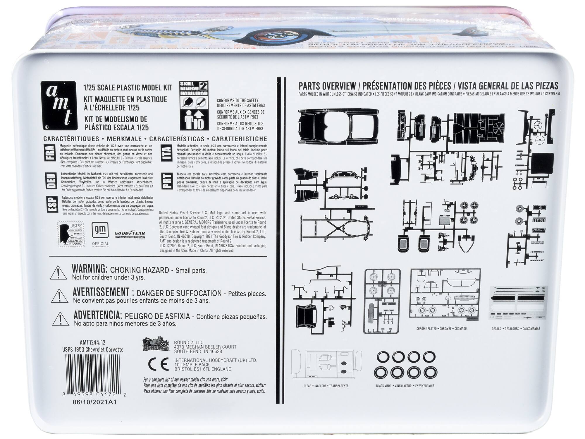 1/25 SCALE PLASTIC MODEL KIT  
KIT MAQUETTE EN PLASTIQUE  
À L'ÉCHELLE DE 1/25  
KIT DE MODELISMO DE PLÁSTICO ESCALA 1/25  

CHARACTÉRISTIQUES - MERKMALE - CARATTERISTICHE  
Maquettes authentiques d'une échelle 1/25 avec des caméras et un authentique logo de Goodyear.  
Comprend des pièces chromées, des presses en vinyle et des autocollants.  
Includes authentic 1/25 scale model with Goodyear logo.  
Contains chrome parts, vinyl pressings and decals.  

CONFORMS TO SAFETY REQUIREMENTS  
CONFORME AUX EXIGENCES DE SÉCURITÉ DE L'ASTM  
CONFORME REQUISITOS DE SEGURIDAD DE ASTM F963  

PARTS OVERVIEW / PRÉSENTATION DES PIÈCES / VISTA GENERAL DE LAS PIEZAS  
PARTS MOULÉES EN BLANC SAUF AUTREMENT INDICATÉ / PIEZAS MOLDEADAS EN BLANCO MEN