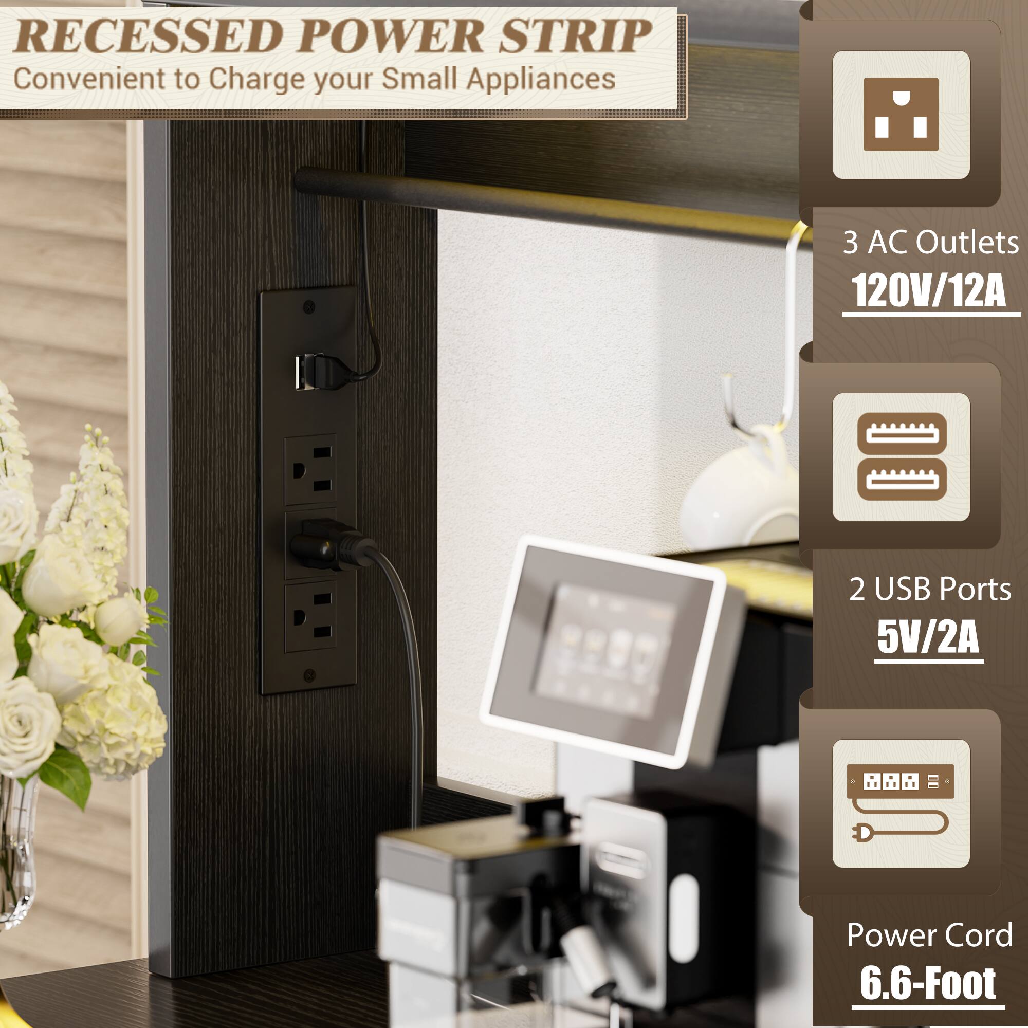 RECESSED POWER STRIP  
Convenient to Charge your Small Appliances  

- 3 AC Outlets  
  120V/12A  

- 2 USB Ports  
  5V/2A  

- Power Cord  
  6.6-Foot