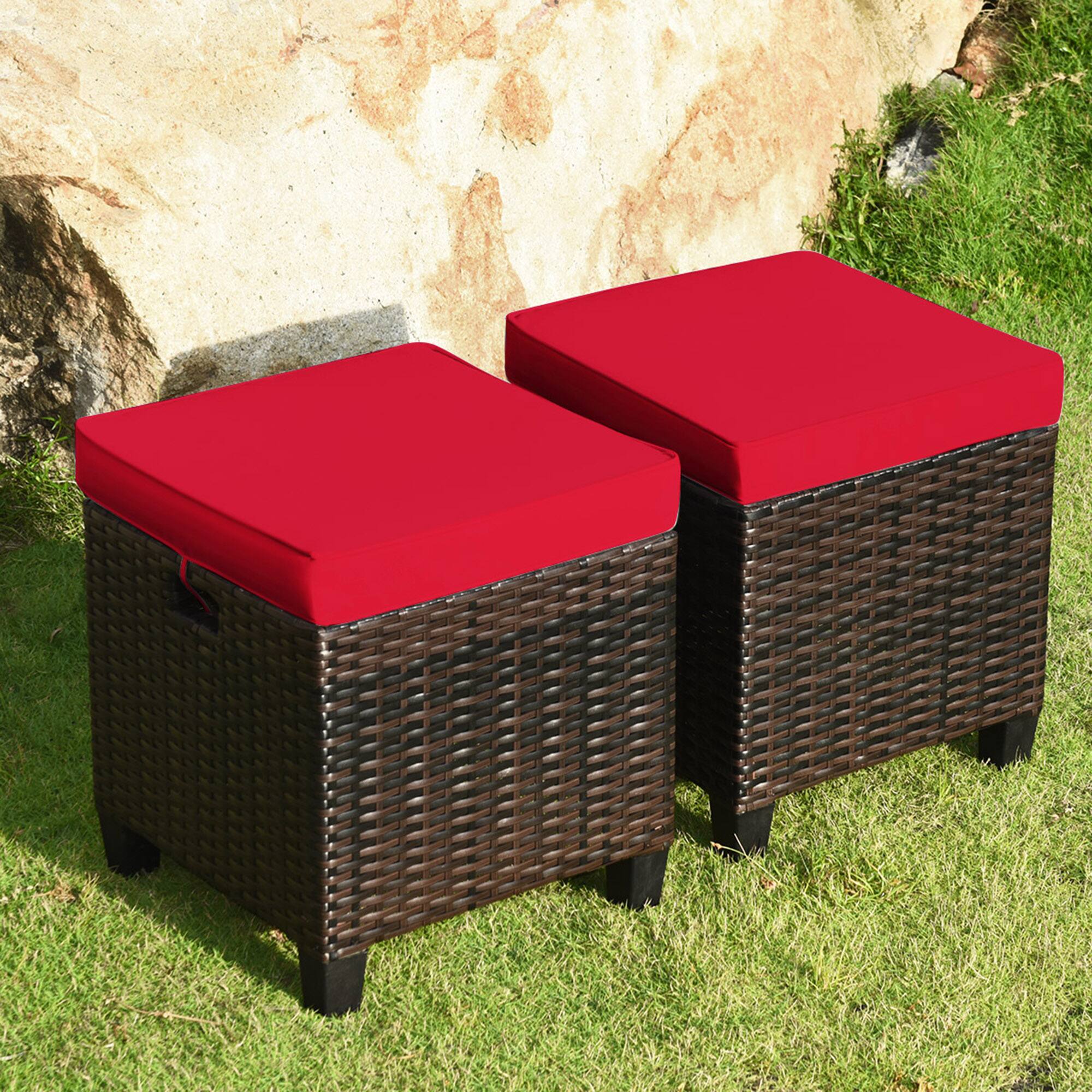 Gymax - Set of 2 Patio Rattan Ottoman Footrest Garden Outdoor w/ Cushion - Red