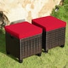 Front. Gymax - Gymax Set of 2 Patio Rattan Ottoman Footrest Garden Outdoor w/ Red Cushion - Red.