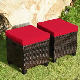 Gymax - Set of 2 Patio Rattan Ottoman Footrest Garden Outdoor w/ Cushion - Red