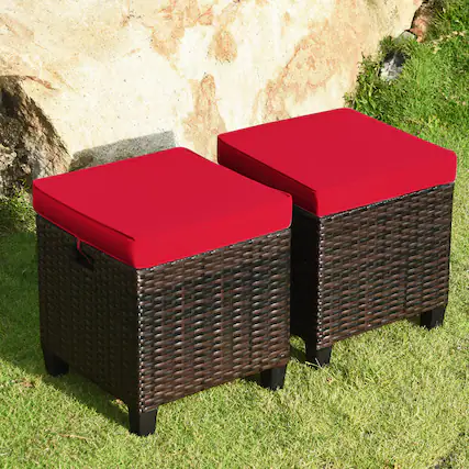 Front. Gymax - Gymax Set of 2 Patio Rattan Ottoman Footrest Garden Outdoor w/ Red Cushion - Red.