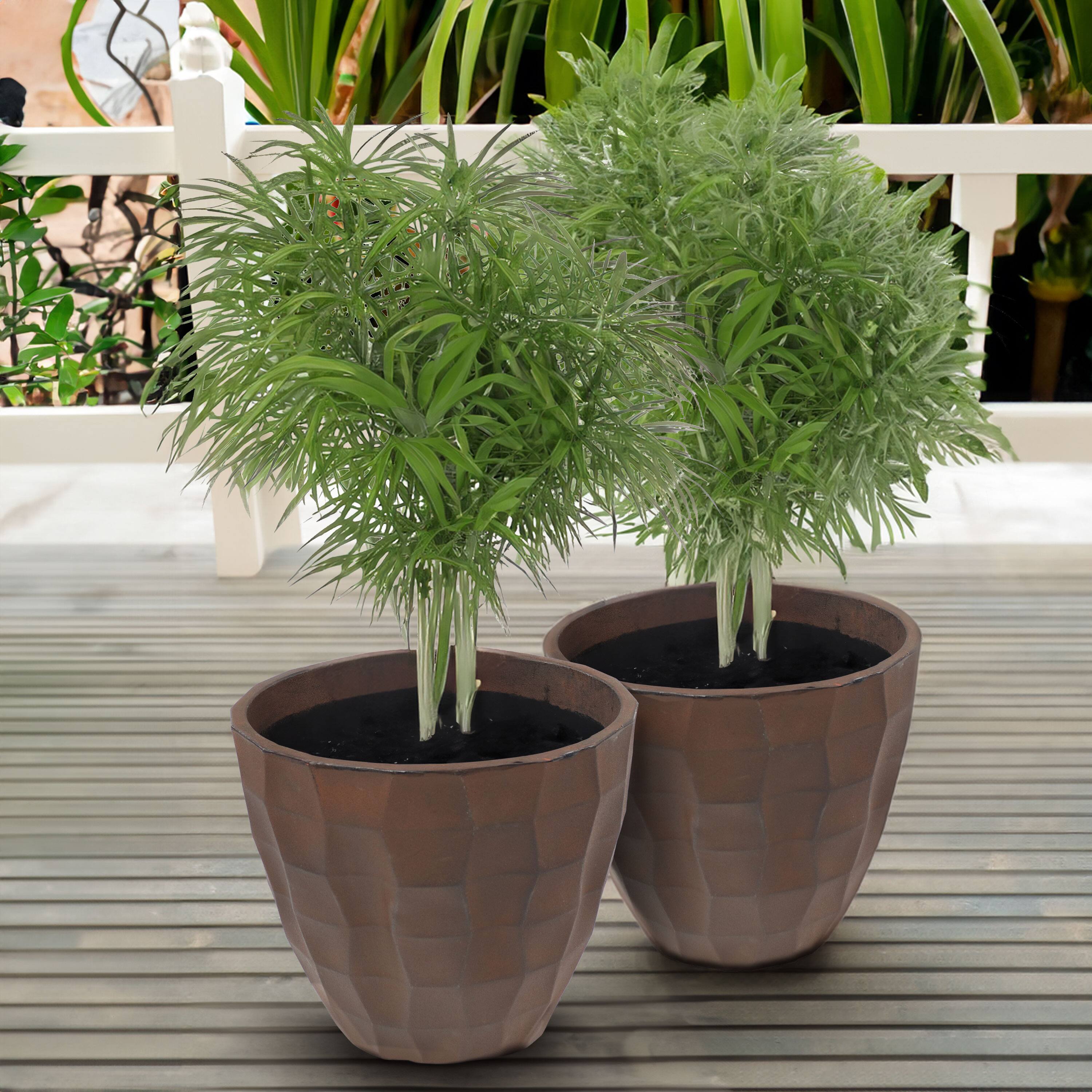 Alt View 1. Sunnydaze - Pebbled Polyresin Outdoor Planter - Set of 4 - Dark Brown.