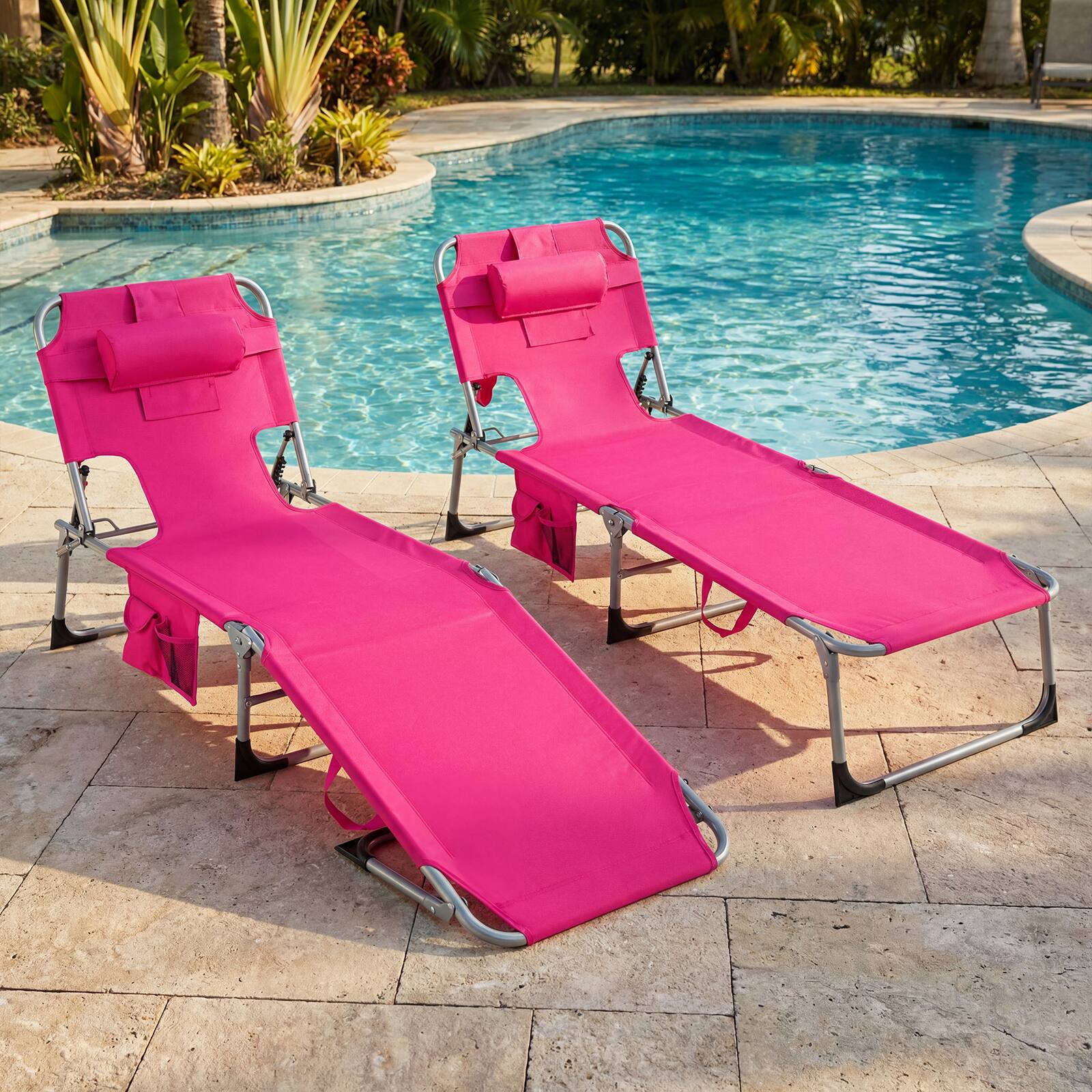 Alt View 1. Costway - Costway 2 PCS Outdoor Beach Lounge Chair Folding Chaise Lounge with Pillow - Pink.