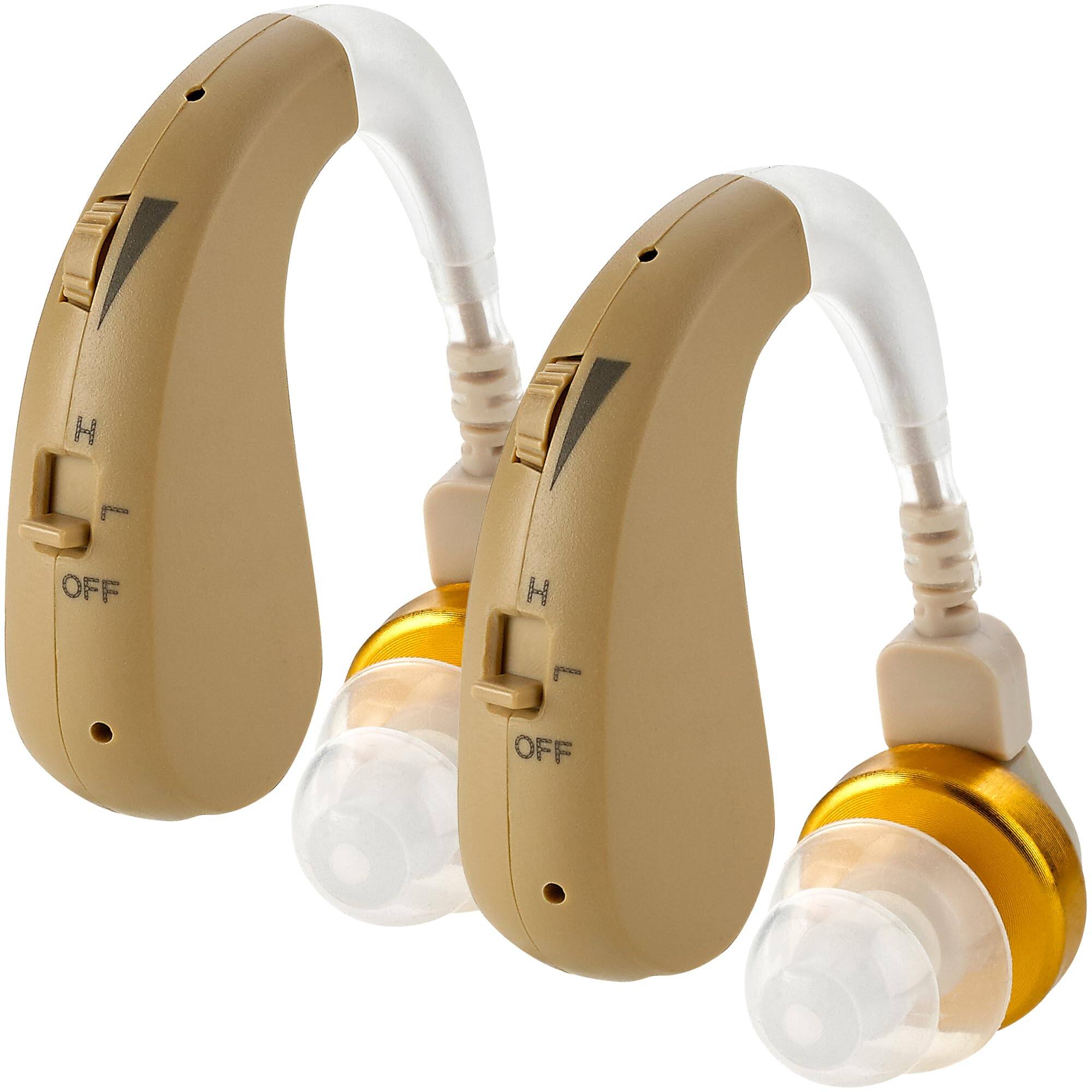 Front. MEDca - Digital Ear Hearing Amplifier Pair - Premium Quality Rechargeable Behind the Ear (BTE) Personal Sound Device - Beige.