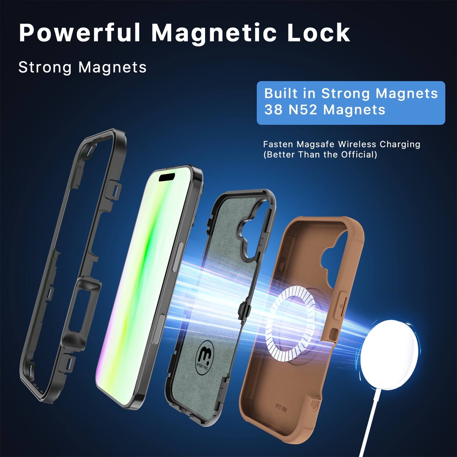 Powerful Magnetic Lock  
Strong Magnets  

Built in Strong Magnets  
38 N52 Magnets  

Fasten Magsafe Wireless Charging  
(Better Than the Official)