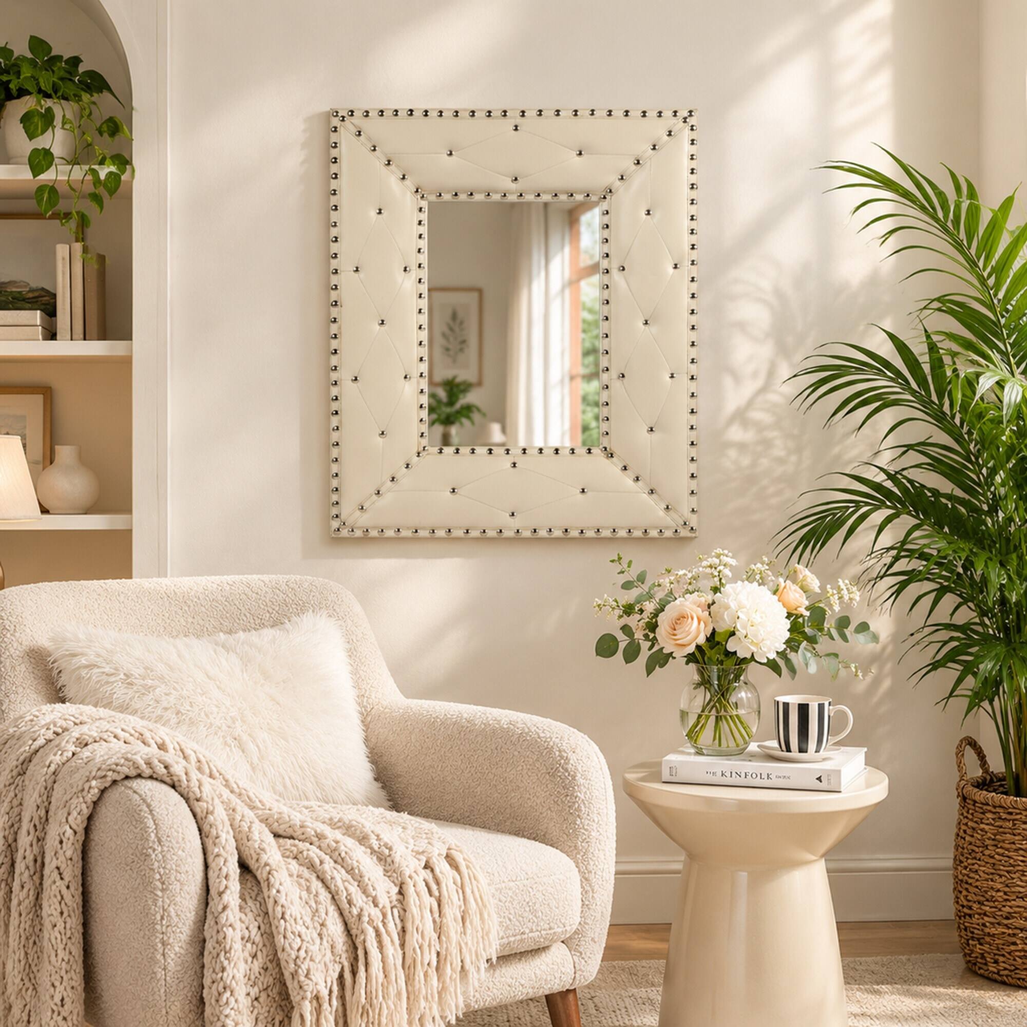 Alt View 1. RYHNUYNE - Rectangle Decorative Wall Mirror, 21x26 in, PU MDF Frame, Rivet Detail, Vanity and Entryway Decor - White.