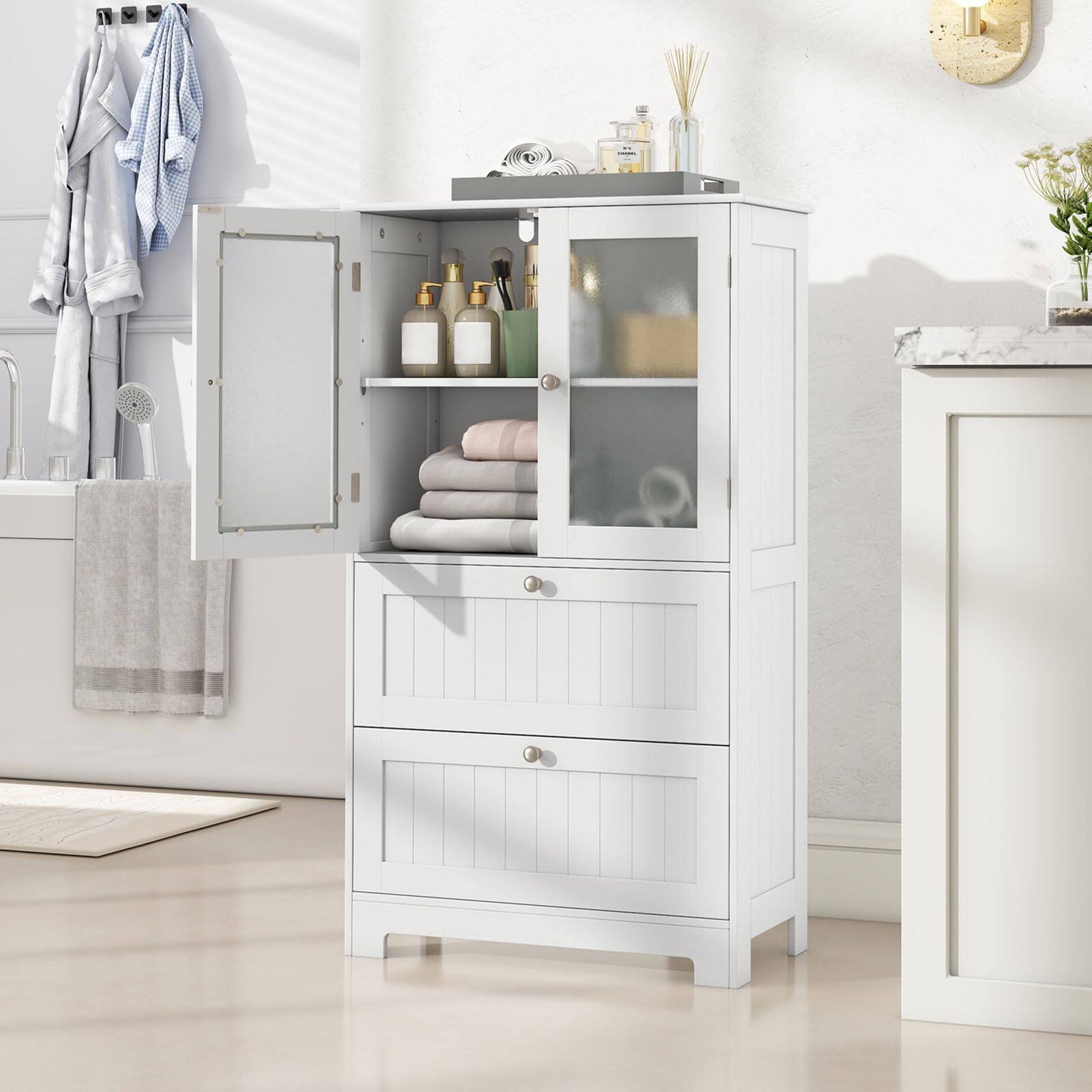 Alt View 1. Ecooso - Bathroom Floor Storage Cabinet with 2 Drawers and 2 Frosted Glass Doors, Freestanding Organizer - White.