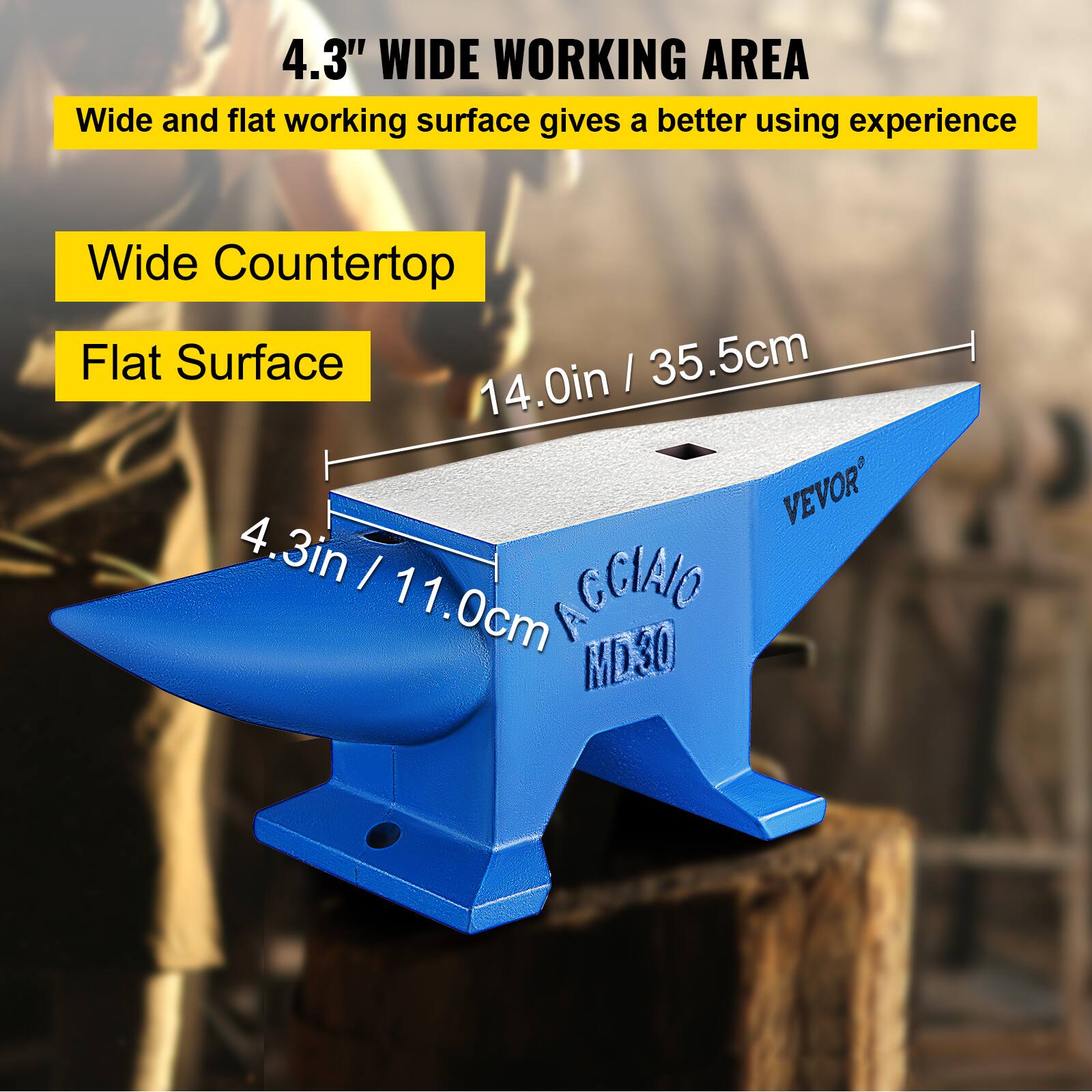4.3" WIDE WORKING AREA  
Wide and flat working surface gives a better using experience  

Wide Countertop  
Flat Surface  

14.0in / 35.5cm  
4.3in / 11.0cm  

VEVOR  
ACCIAIO  
MD30