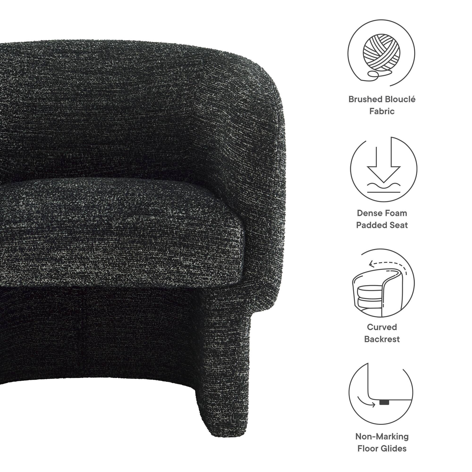 - Brushed Bouclé Fabric
- Dense Foam Padded Seat
- Curved Backrest
- Non-Marking Floor Glides